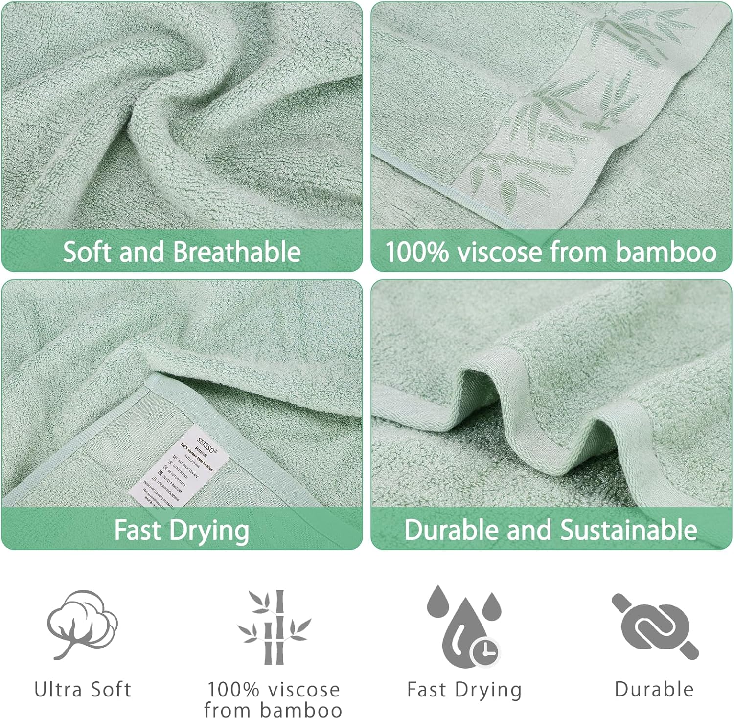 SEISSO Juego de 6 toallas de mano de viscosa de bambú, de secado rápido y duraderas, 13 x 29 pulgadas, suave y absorbente, perfecta para el baño en