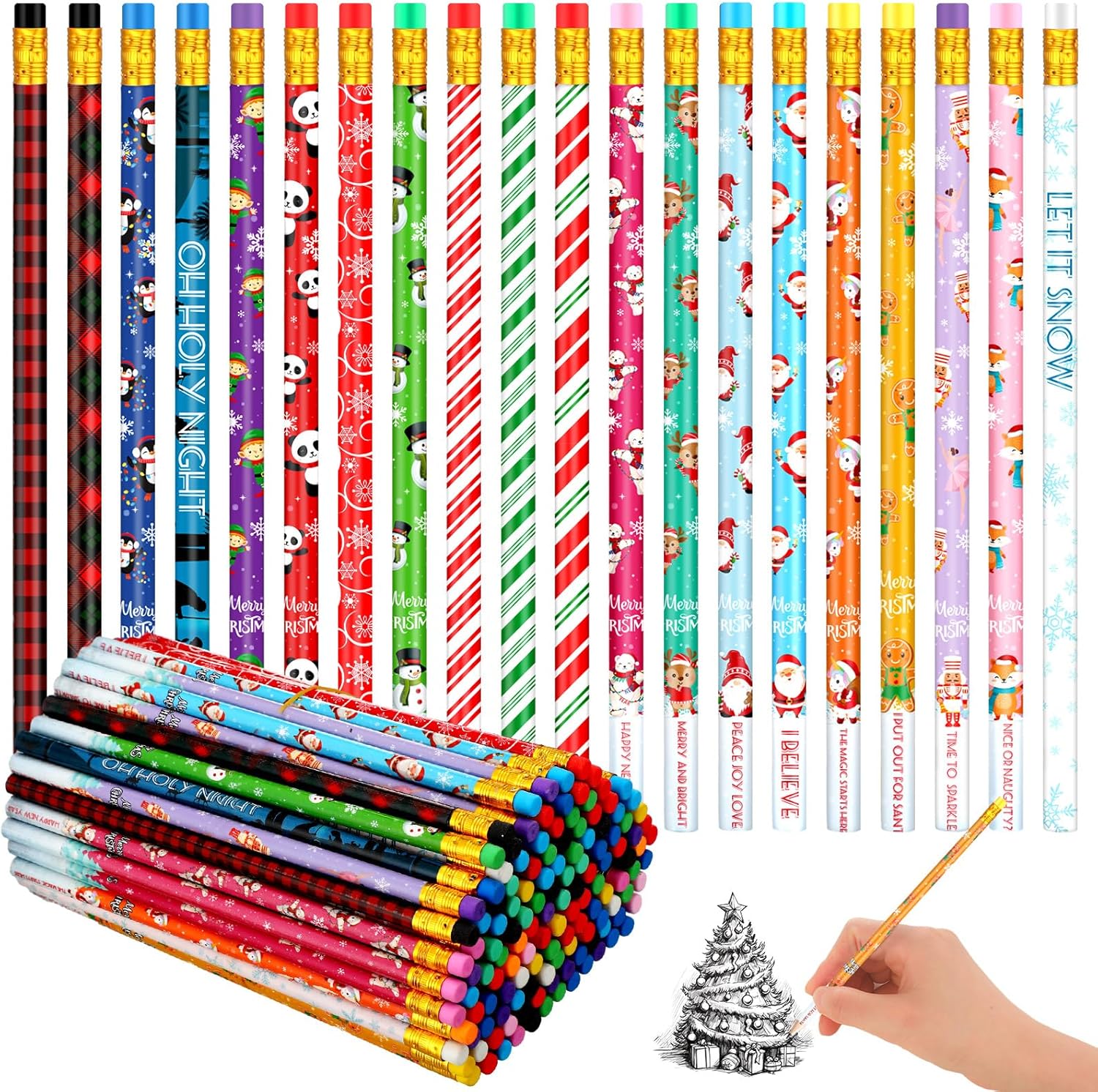 100 lápices de regalo a granel, recuerdos de papelería de vacaciones de invierno para niños, 20 estilos, lápices de madera 2B con borradores para