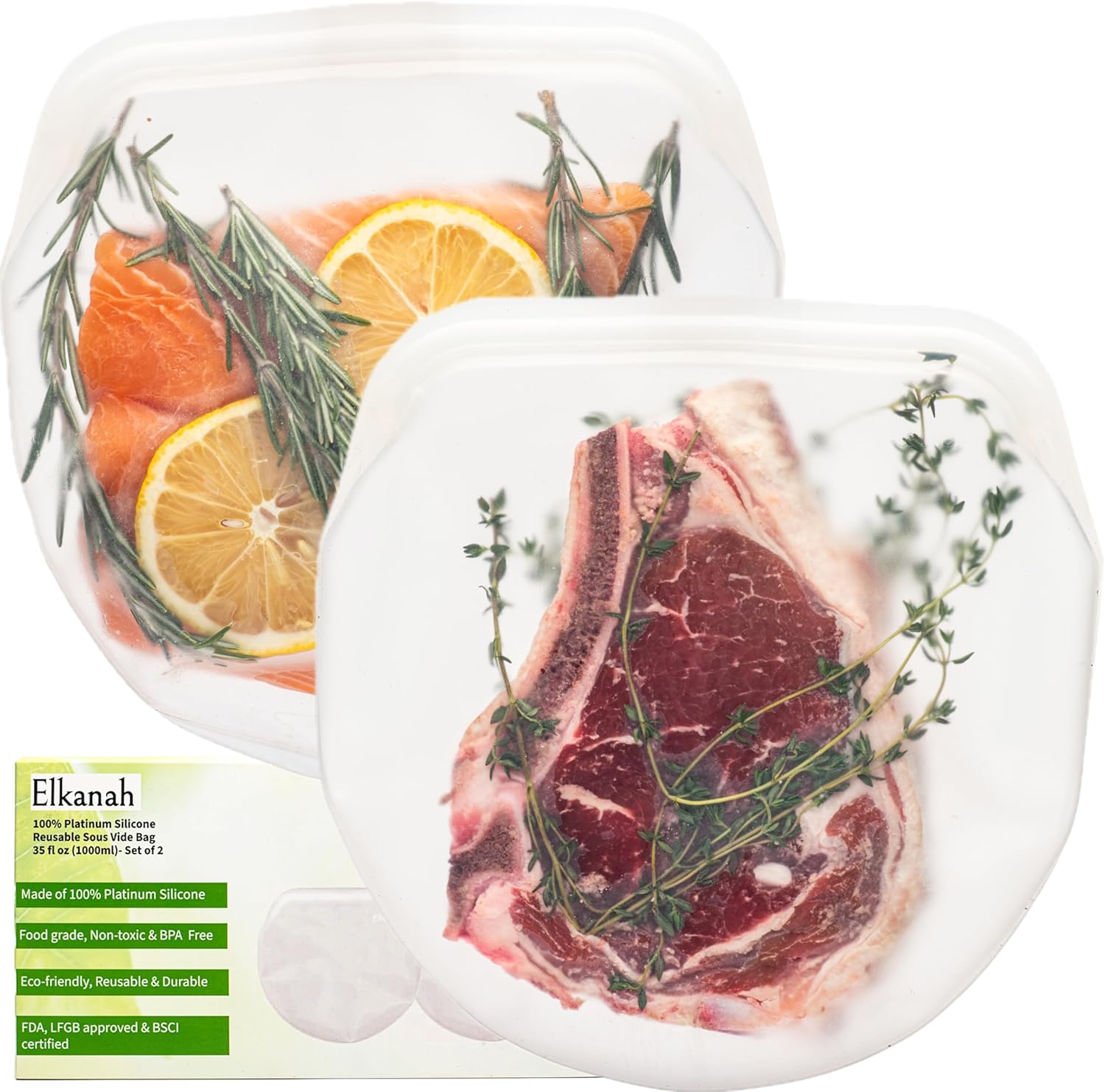 Elkanah Bolsas reutilizables de silicona para Sous Vide de cuarto de galón, 100% silicona platino de grado alimenticio, tamaño mediano, 35 onzas