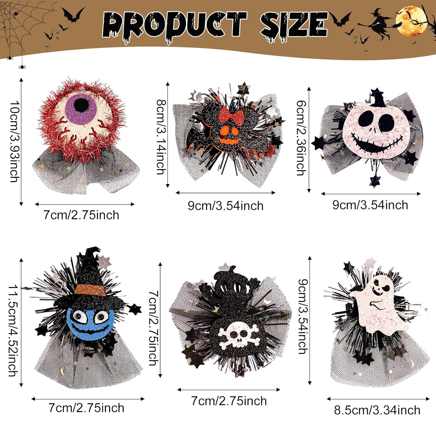12 pinzas para el cabello de dibujos animados de Halloween, calabaza, fantasma, murciélago, bruja, sombrero de calavera, pasadores, pinzas de