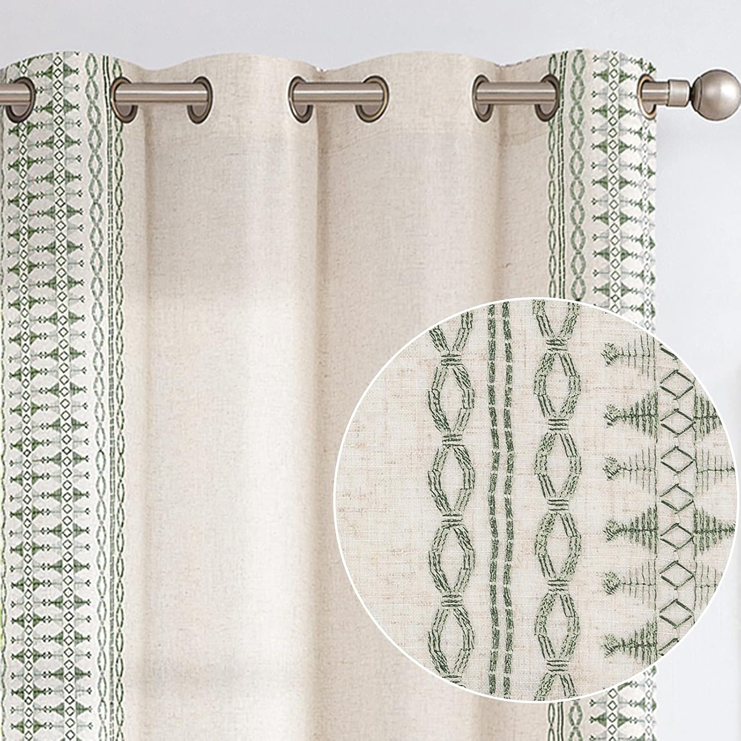 Vangao Cortinas bohemias para sala de estar, 96 pulgadas de largo, cortinas de lino verde salvia con borde bordado para dormitorio, cortinas
