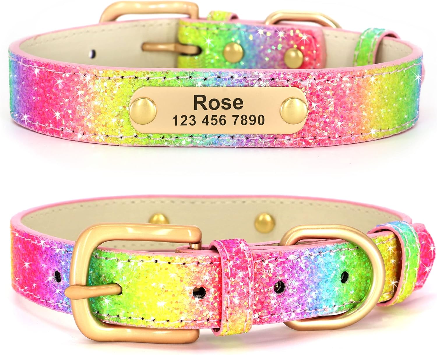 Didog Collares de perro con purpurina, collar de perro de piel sintética personalizada con lentejuelas brillantes, collares personalizados con placa