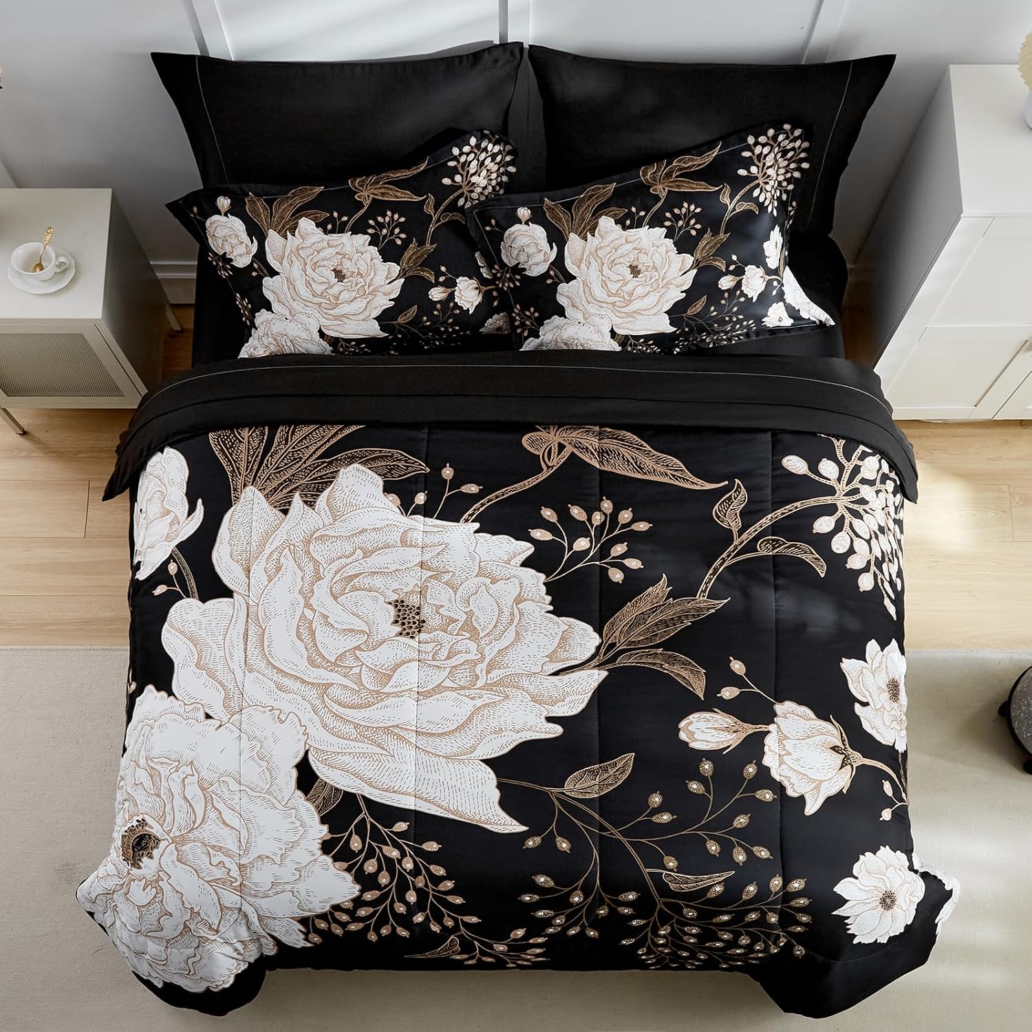 Juego de sábanas de edredón de flores negras, ropa de cama floral en una bolsa, 7 piezas tamaño Queen, juego de ropa de cama de verano de microfibra