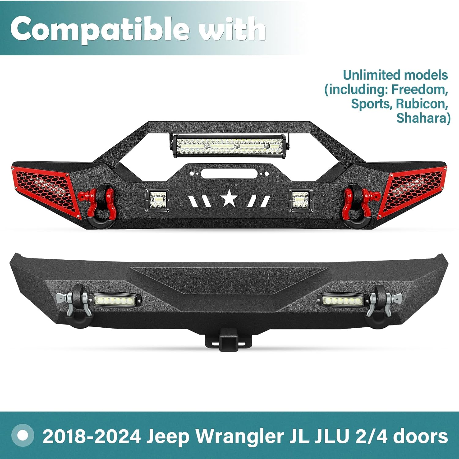 Parachoques delantero y trasero compatible con Jeep Wrangler JL JLU Unlimited Rock Crawler 2018-2024 con placa de cabrestante, armadura pintable,