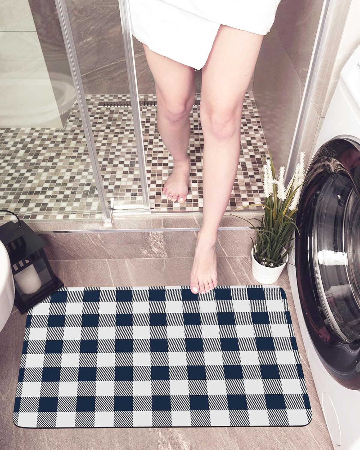 Bathroom Mat, Country Rural Style Navy Blue and White Buffalo Check Gingham Bath Rugs Absorbent Bathroom Floor Mats Non Slip Low Profile Quick Dry