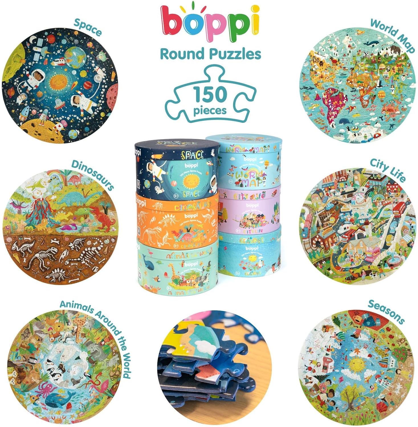 boppi Rompecabezas redondo de animales alrededor del mundo con tarjeta 100% reciclada, selva ártica, desierto, océano y bosque, 150 piezas para