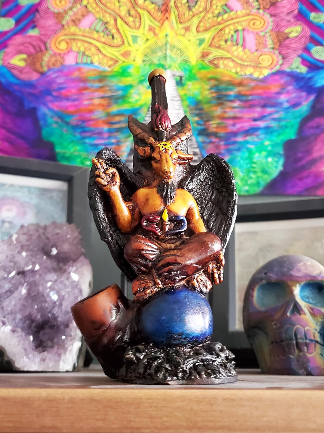 Baphomet – Figura de cabra sabática hecha a mano, arte satánico, cuenco de coco natural, regalos ocultos espirituales para fumadores