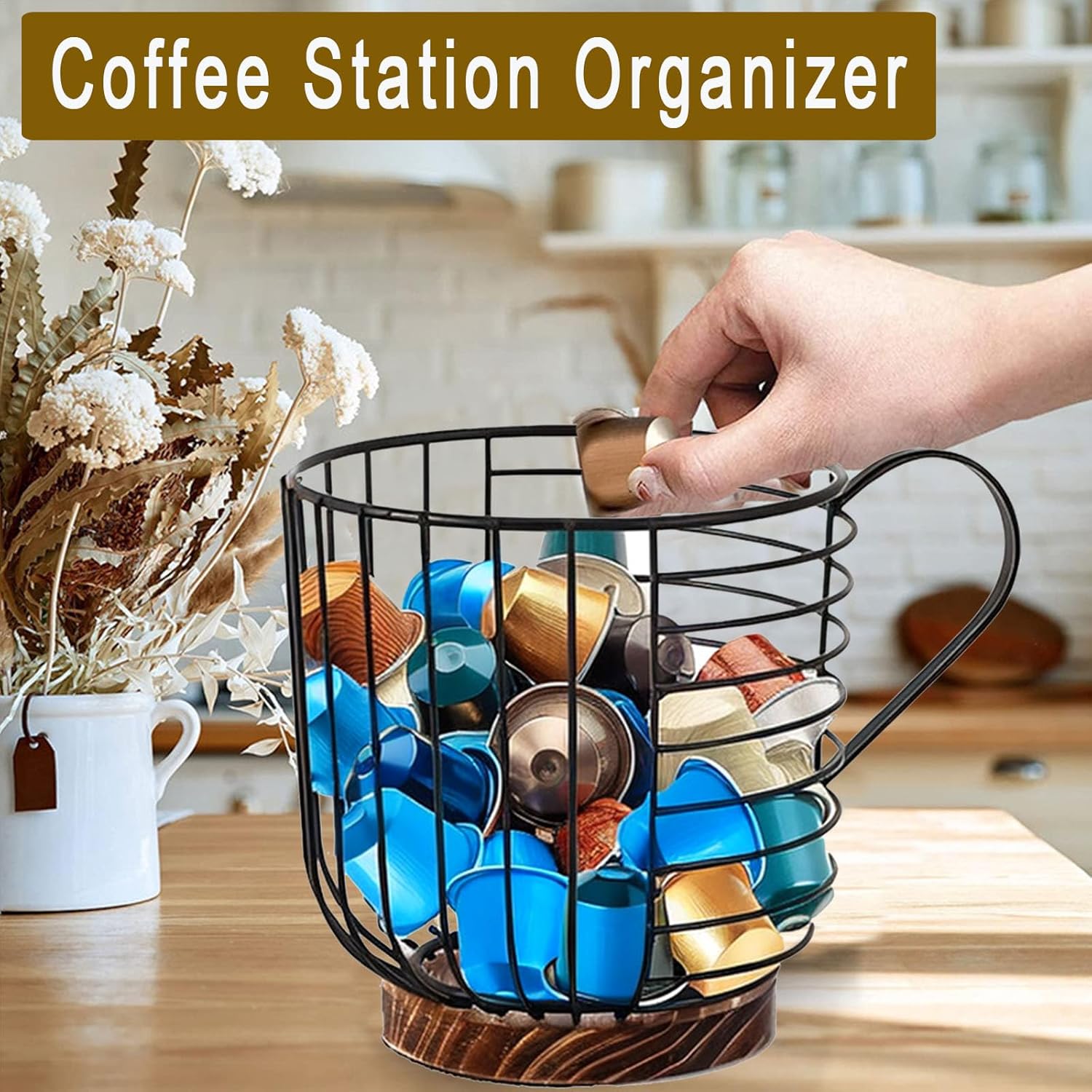 Soporte para cápsulas de café para mostrador, portavasos K para mostrador, soporte para filtro de café con base de madera, organizador de