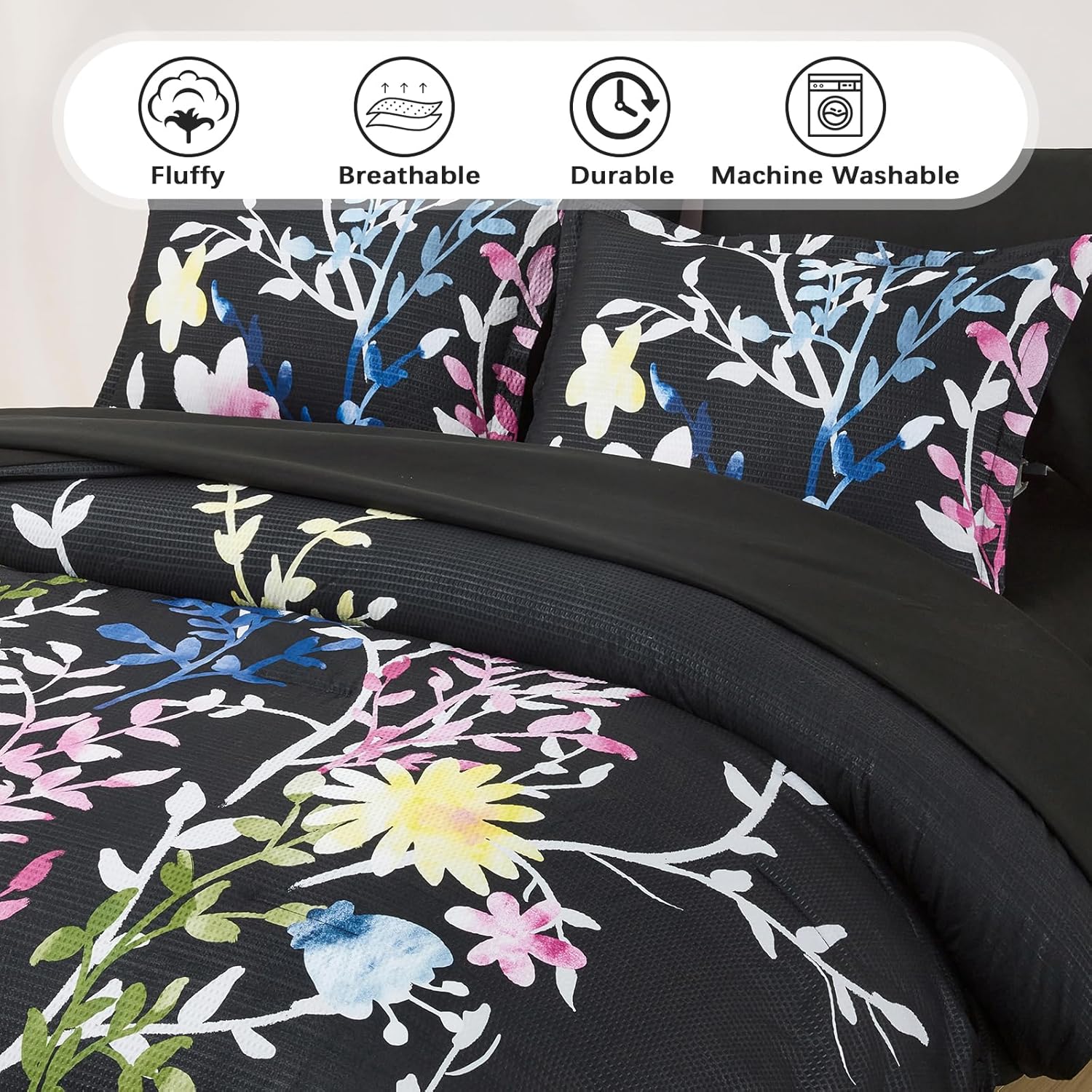 Menghomeus Juego de edredón de 7 piezas, color negro, tamaño King, diseño floral de sirsaca suave, juego de ropa de cama de microfibra para todas