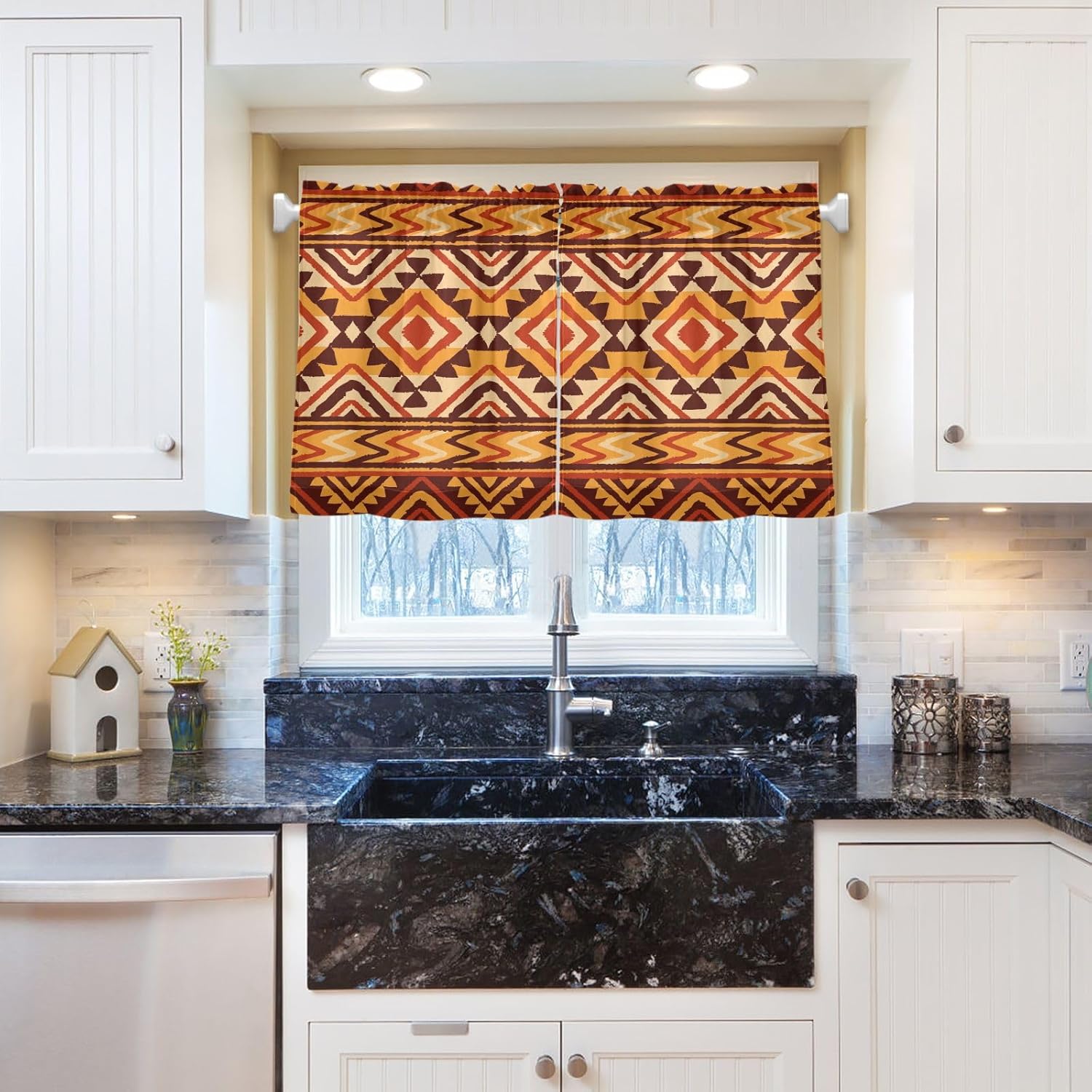 Cortinas de cocina de 36 pulgadas de largo, diseño geométrico tribal africano, 2 paneles, cortinas transparentes para media ventana, bolsillo para