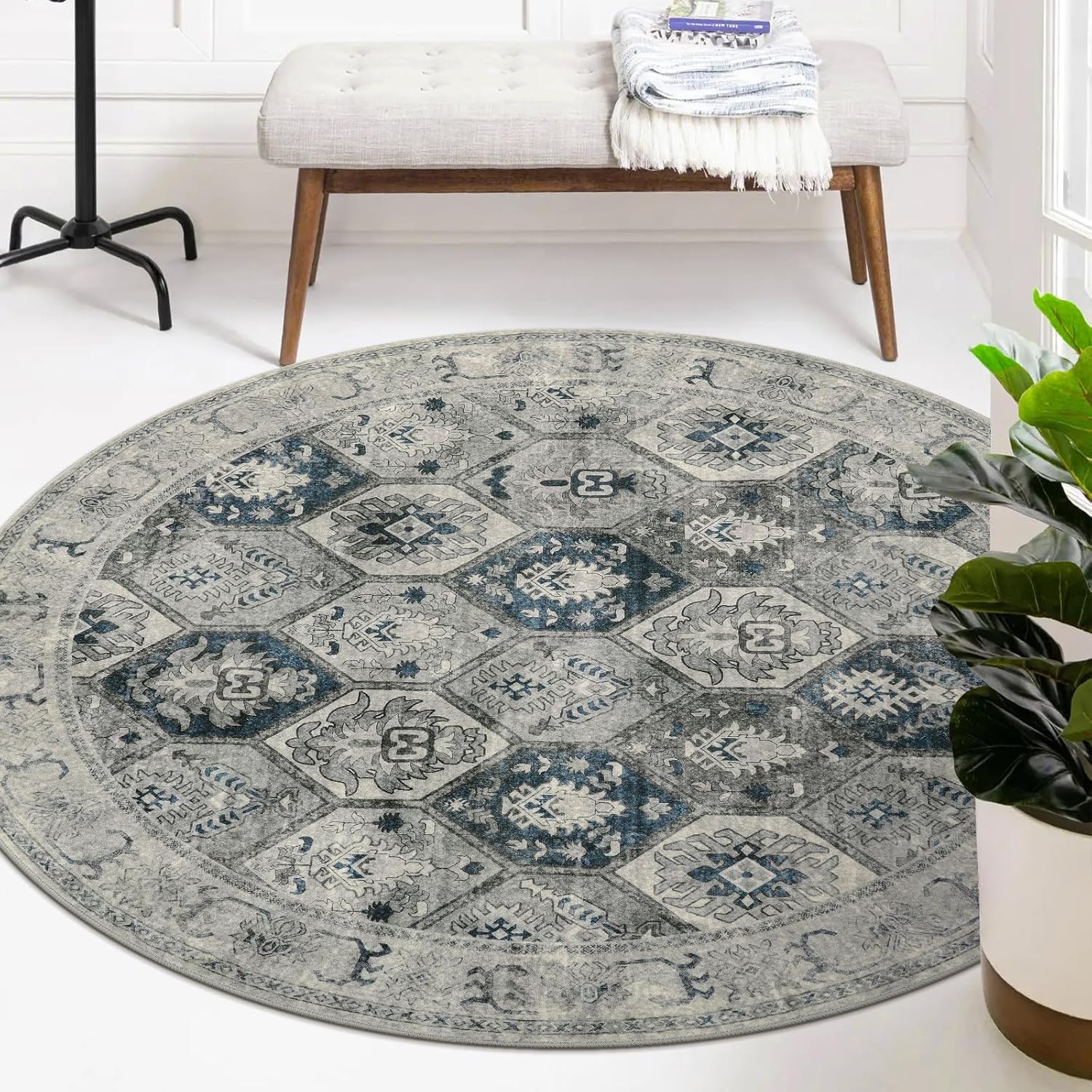 Lahome Round Rugs – Alfombra circular lavable de 6 pies para sala de estar, alfombra de dormitorio, alfombra de dormitorio, enrejado marroquí de