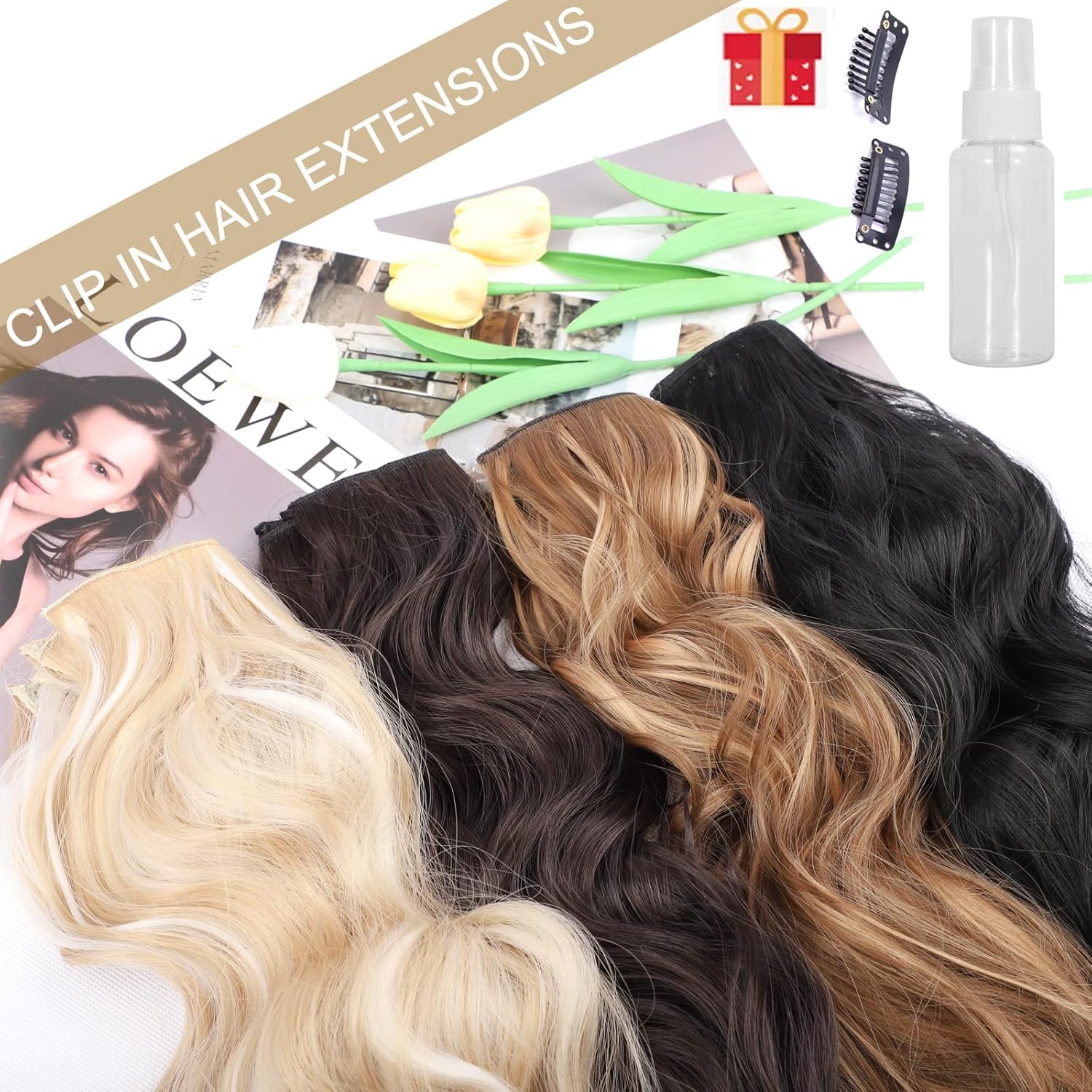 4 extensiones de cabello rizado con clip, color dorado oscuro, mezcla de rubio beige, sintético de 20 pulgadas, extensiones de cabello ondulado