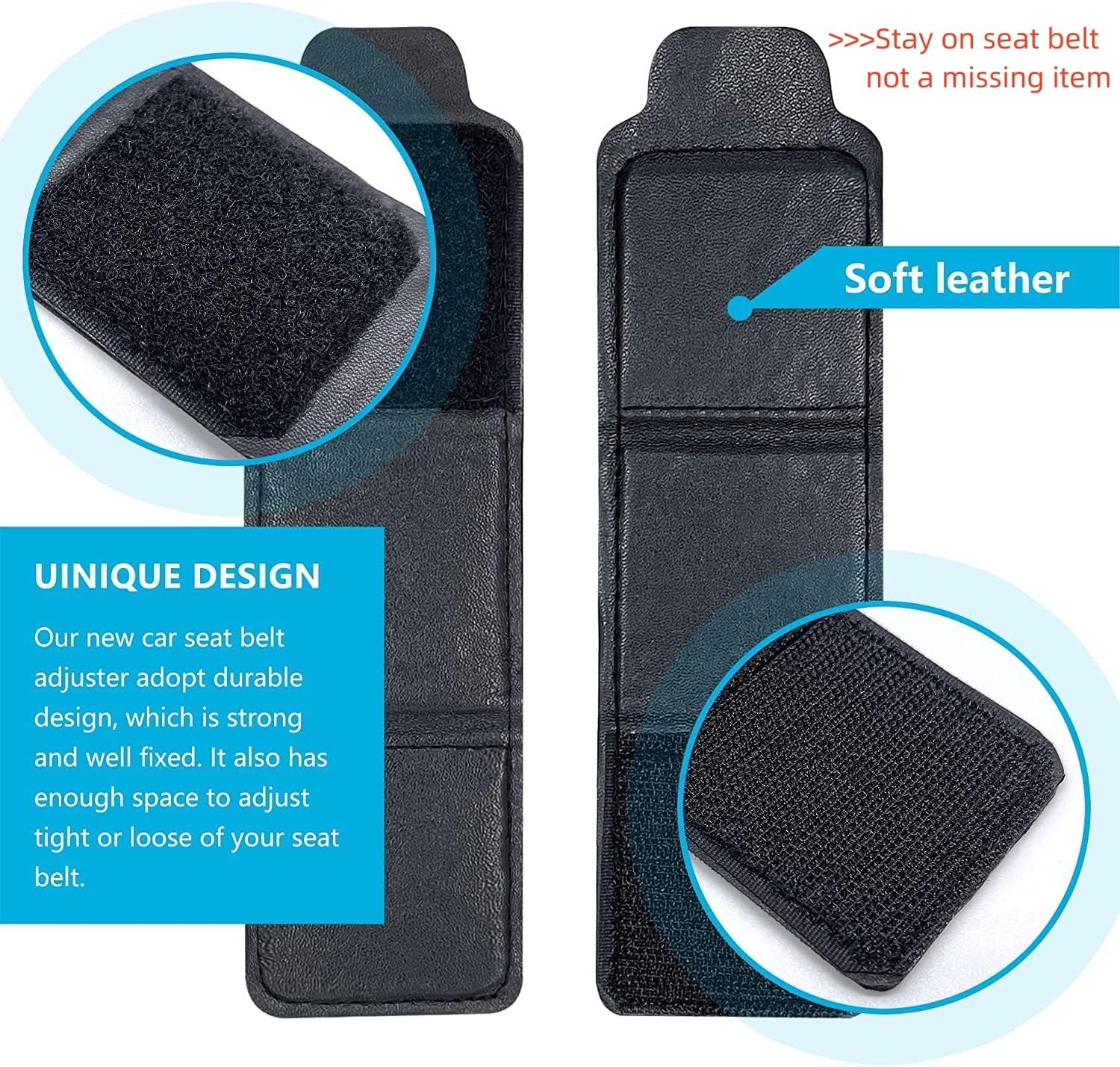 MYKOMI Clips para cinturón de seguridad, ajustador de cinturón de seguridad, cuero suave que no daña el pecho y el vientre (paquete de 2 unidades,