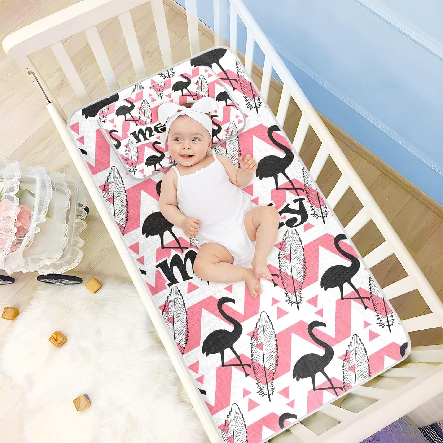 Custom Flamingo Crib Mattress Protector Pad for Boys Girls Baby Ice Silk Mat Bed Toddler Mattress Sheets Cooling Mattress Topper Play Mat for