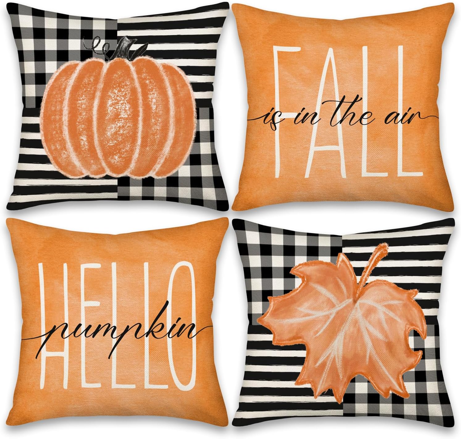 Aremetop Paquete de 4 fundas de almohada decorativas de otoño naranja de 18 x 18 pulgadas, diseño de búfalo negro, a rayas, Hello Pumpkin Maple Leaf