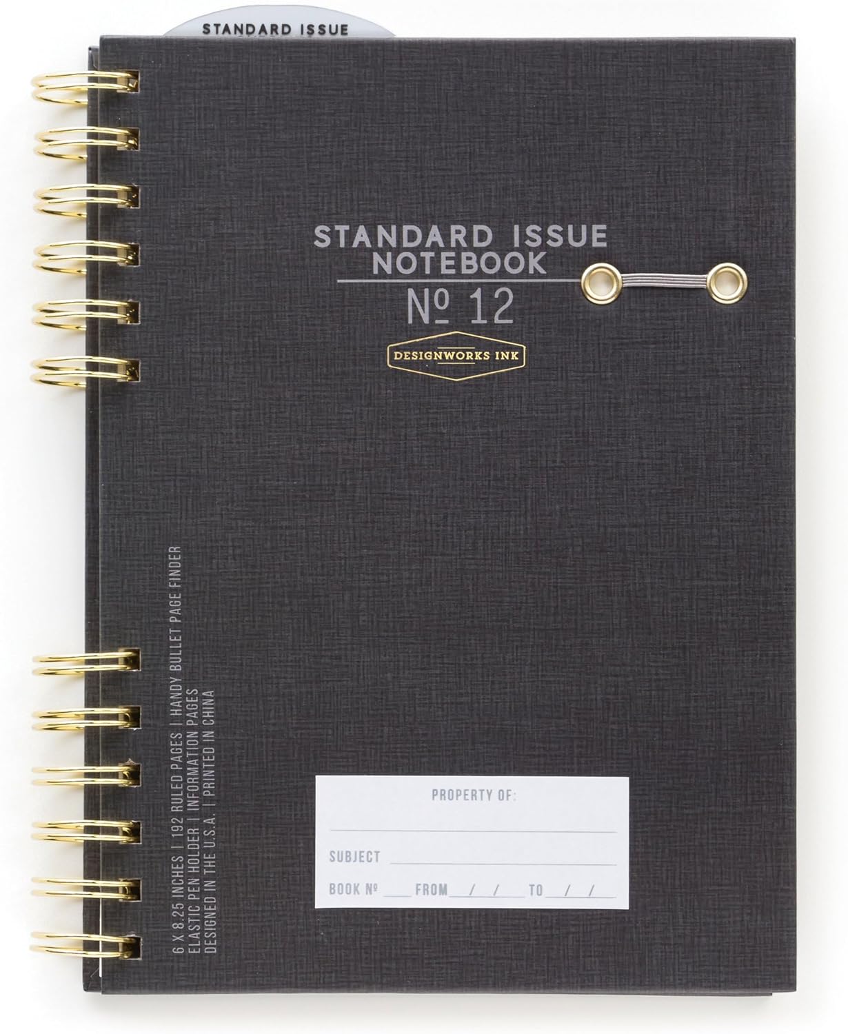 Designworks Ink Agenda estándar número 12 negra sin fecha con páginas forradas, soporte elástico para bolígrafo y encuadernación en espiral duradera