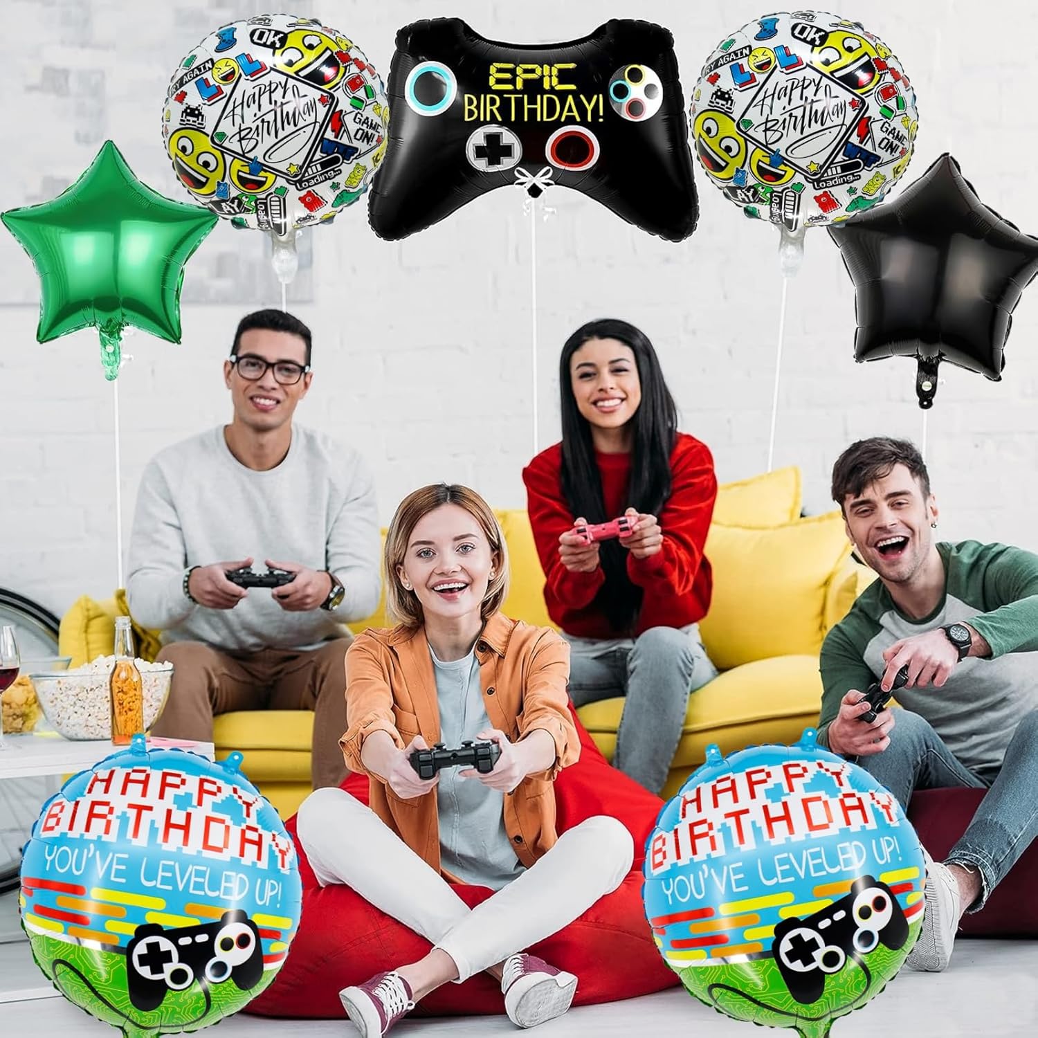 Los globos de fiesta de videojuegos incluyen globos de cumpleaños con controlador de juego, globo verde de aluminio del número 7, globos redondos