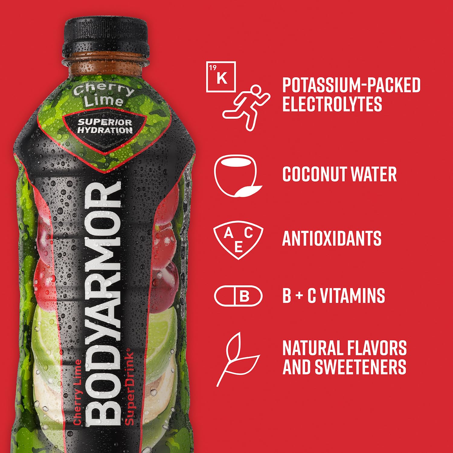 BODYARMOR – Bebida deportiva, lima y cereza, sabores naturales con vitaminas, electrolitos ricos en potasio, perfecta para deportistas, 28 onzas