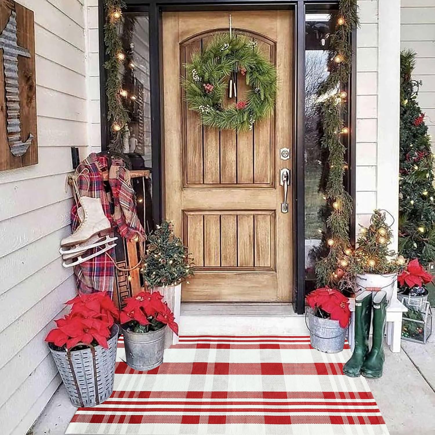 Alfombra de Navidad a cuadros para exteriores, 27.5 x 43 pulgadas, alfombra de área de cuadros rojos y blancos para interiores y exteriores,