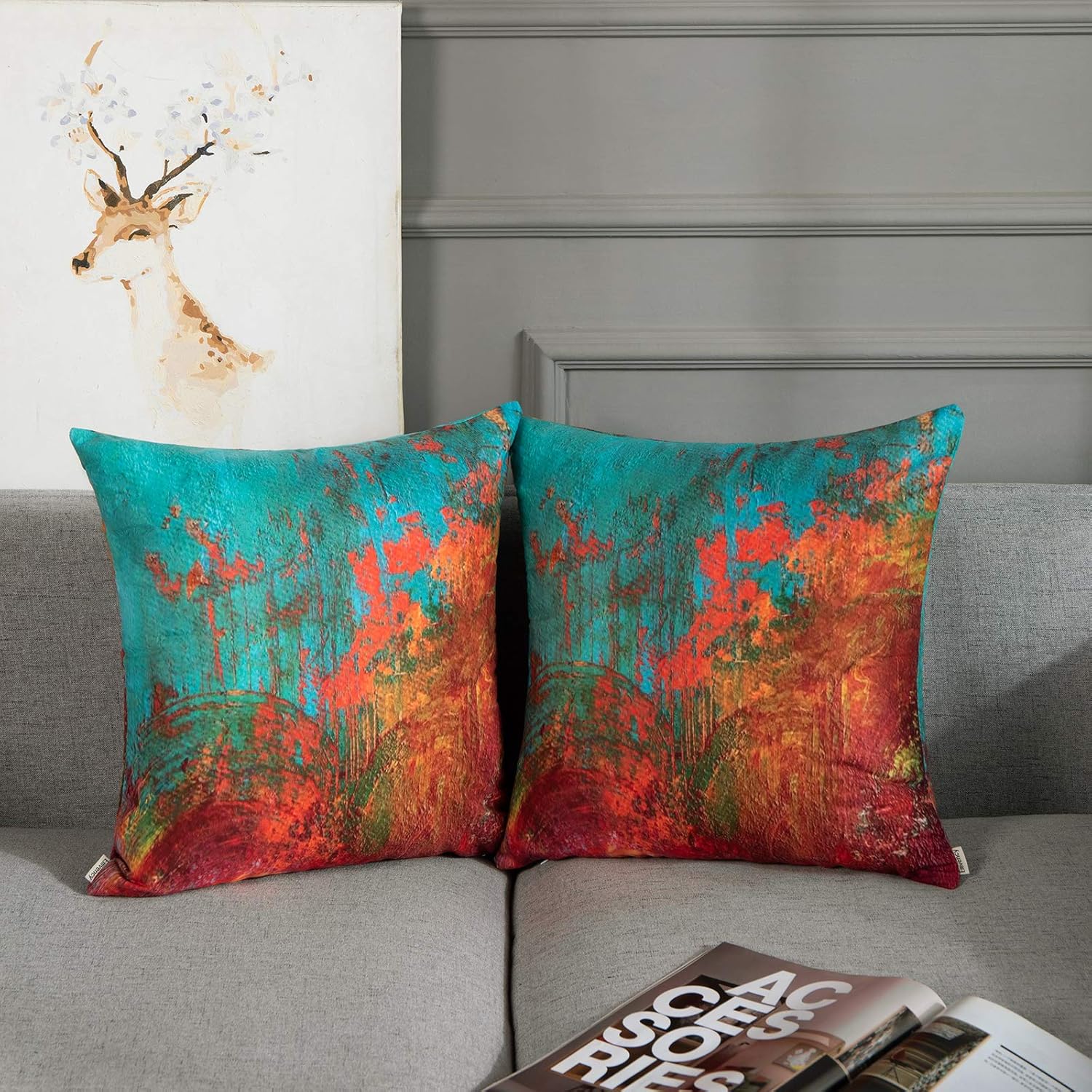 Britimes Juego de 2 fundas de almohada decorativas con pintura al óleo abstracta para dormitorio, sala de estar, sofá, turquesa, naranja quemado