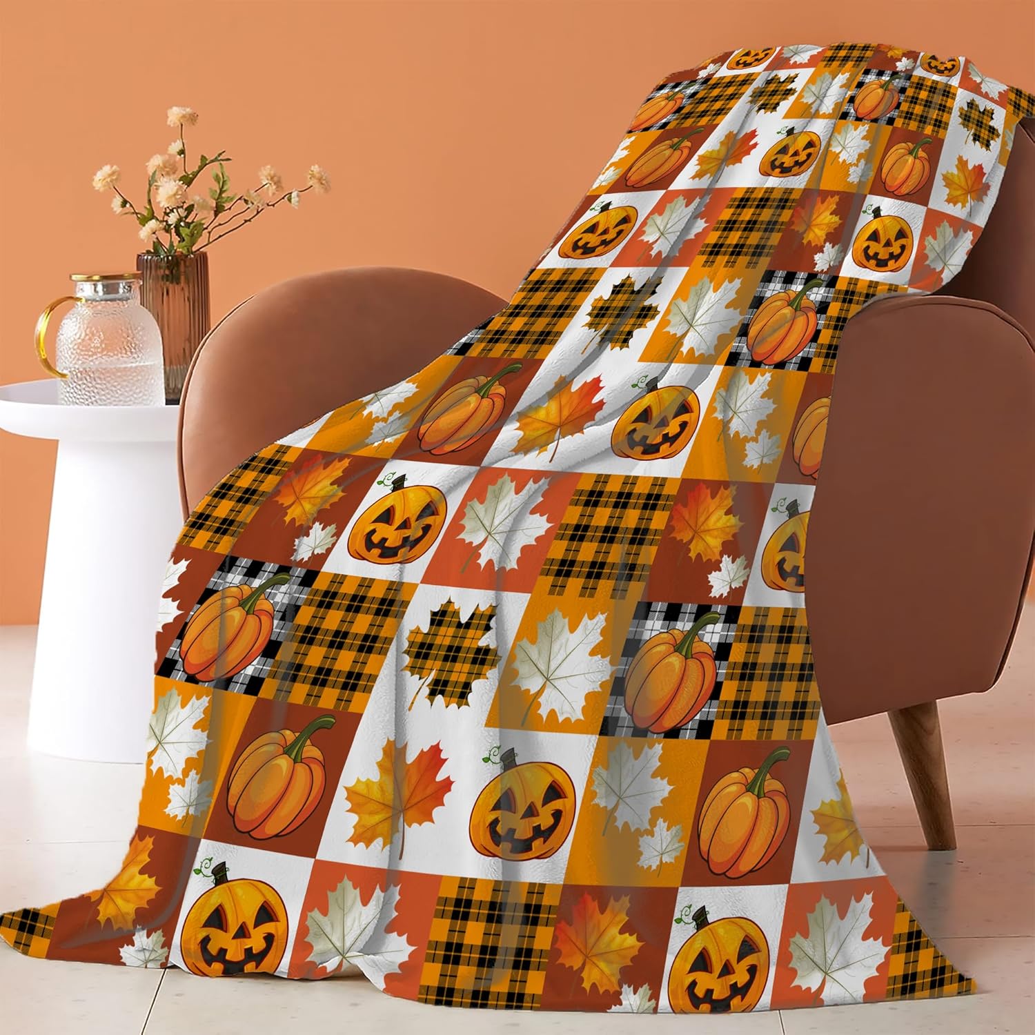 Manta de calabaza de Halloween con hojas de arce para sofá de 50 x 40 pulgadas, manta de picnic de viaje tamaño Queen, manta acogedora suave y