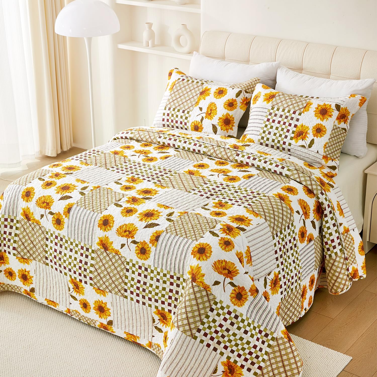 EVENHUG Juego de edredón de 100 % algodón, tamaño individual, diseño de girasoles amarillos, colcha reversible con 1 funda de almohada, para todas