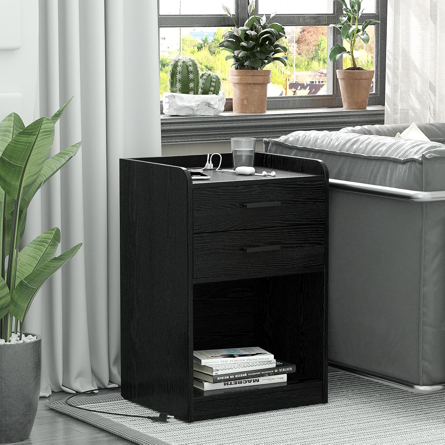 Mesas de noche, mesita de noche LED con estación de carga, mesa auxiliar pequeña de madera con cajón para dormitorio, sala de estar, color negro