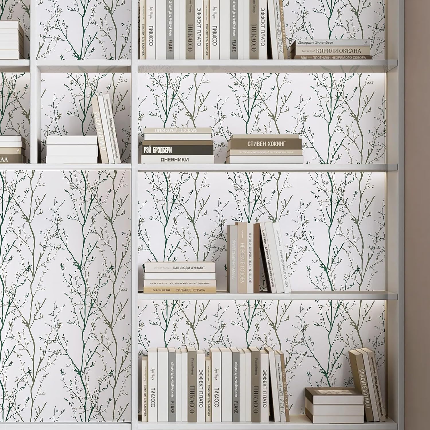 Melwod Papel tapiz de ramas de árbol verde, 17.7 x 472 pulgadas, papel tapiz moderno de ramas de árbol, papel tapiz floral, autoadhesivo, extraíble,
