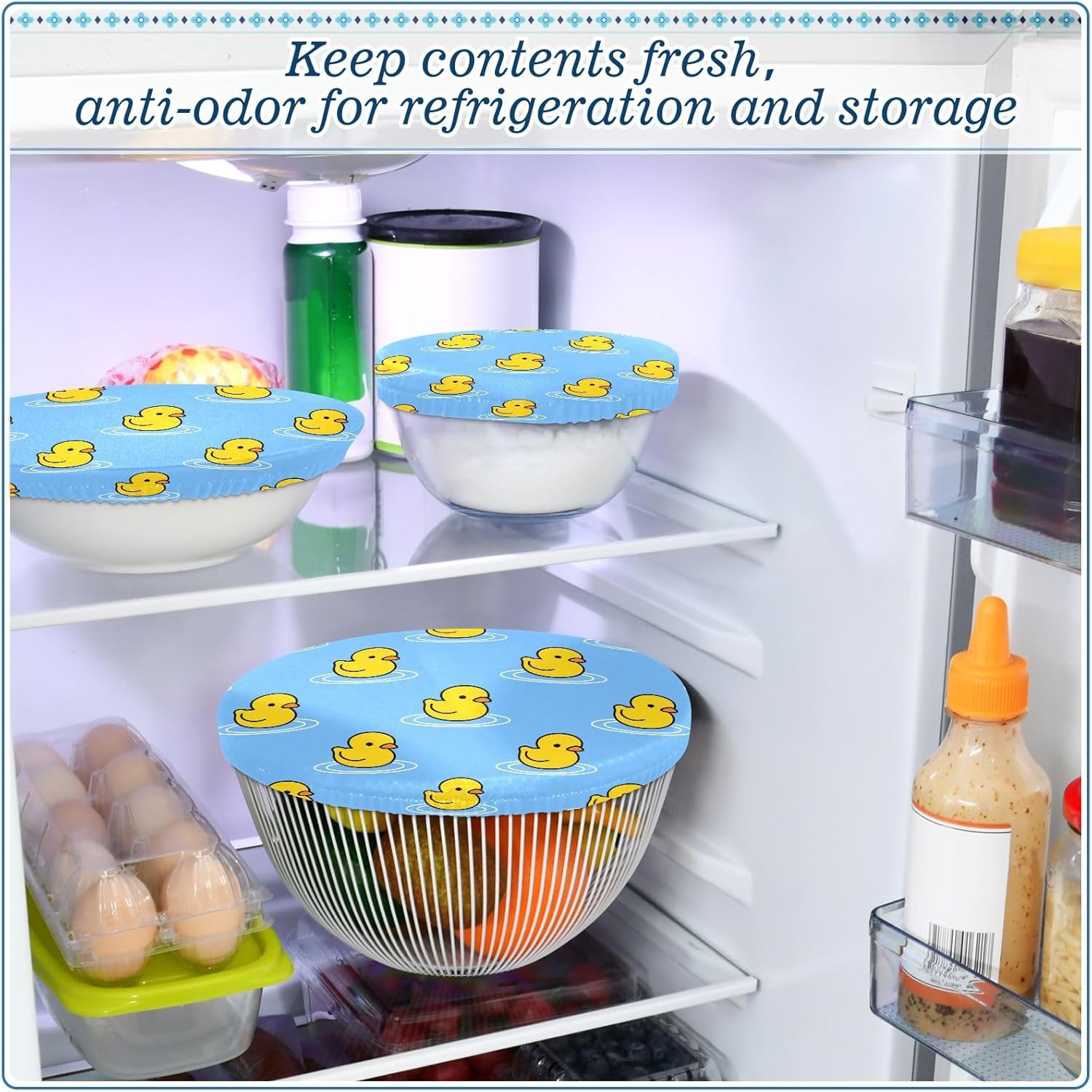 Duck 5PCS Reusable Elastic Bowl Covers for Food Storage Stretch Cloth Fabric Lids with 5 Different Sizes Heat Resistant Food Lids for Fruits