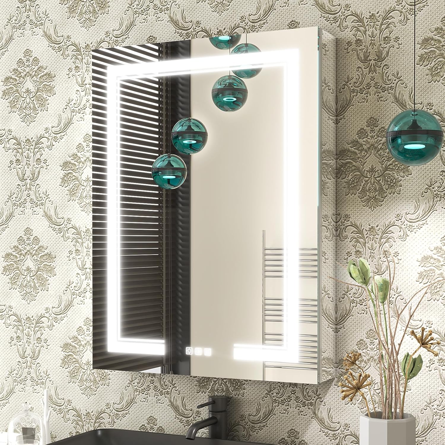 Botiquín de 24 x 32 pulgadas con salida SUB, gabinete LED con espejo antivaho con atenuación continua, luz de 3 colores, estantes 3XL