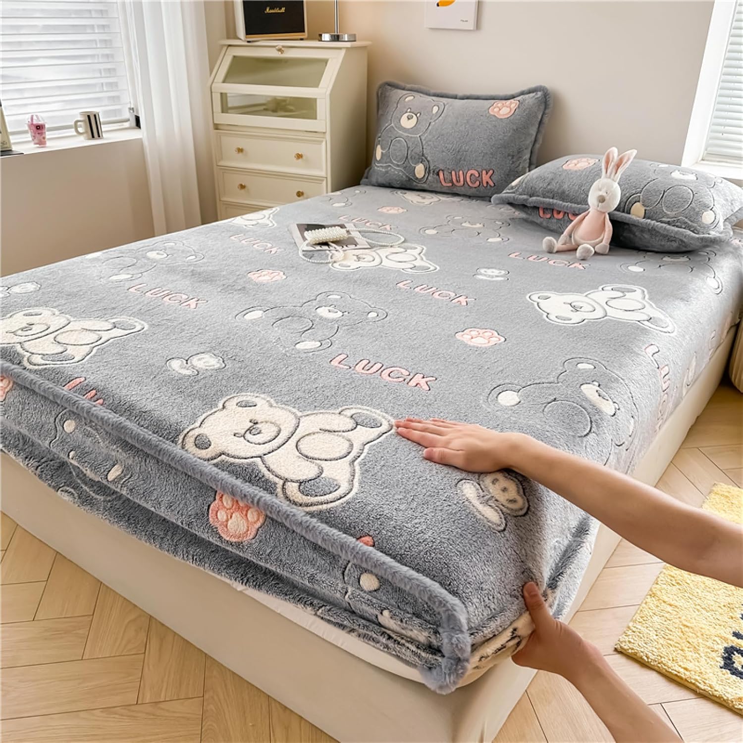 Sábana bajera ajustable tamaño Queen, funda de colchón de dibujos animados, sábana de cama de felpa, cálida y elástica para invierno, para niños,