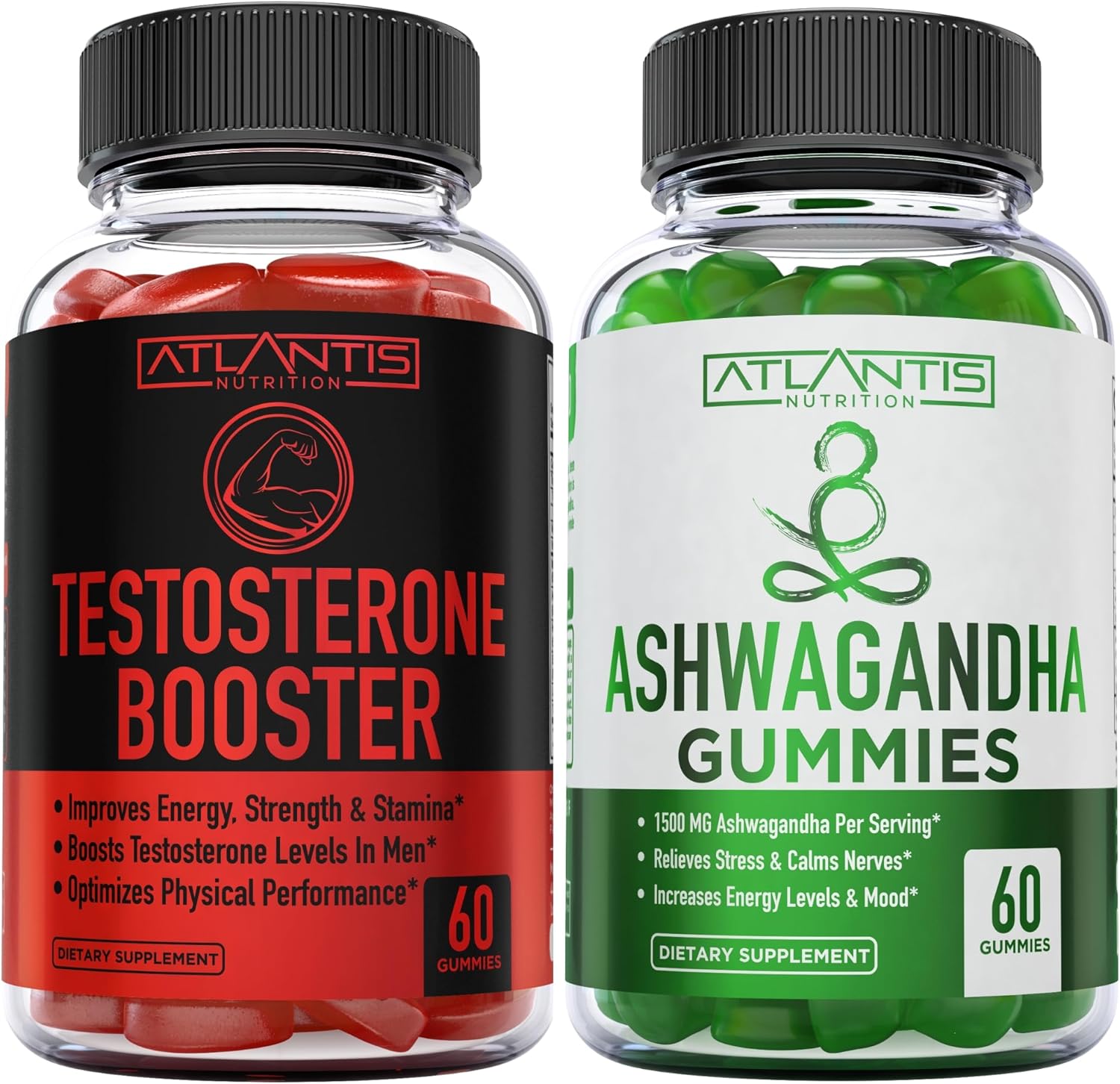 Atlantis Nutrition Paquete de 2 potenciadores de testosterona (120 gomitas) + Ashwagandha 60 gomitas