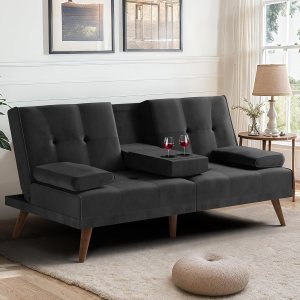 Meilocar Sofá cama de terciopelo de 60 pulgadas con reposabrazos extraíbles, cama de invitados ajustable para espacios pequeños con portavasos y 3 Meilocar Sofá cama de terciopelo de 60 pulgadas con reposabrazos extraíbles, cama de invitados ajustable para espacios pequeños con portavasos y 3