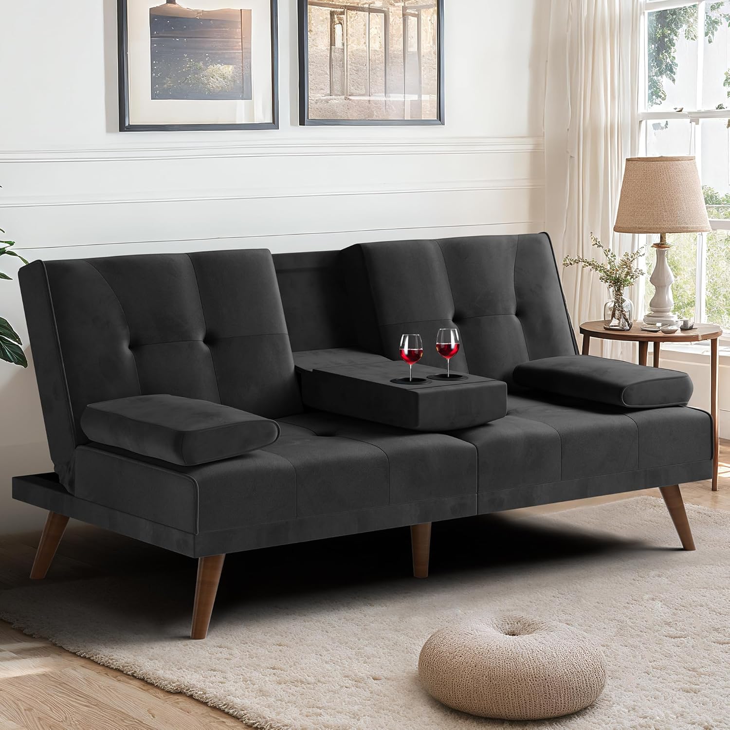 Meilocar Sofá cama de terciopelo de 60 pulgadas con reposabrazos extraíbles, cama de invitados ajustable para espacios pequeños con portavasos y 3