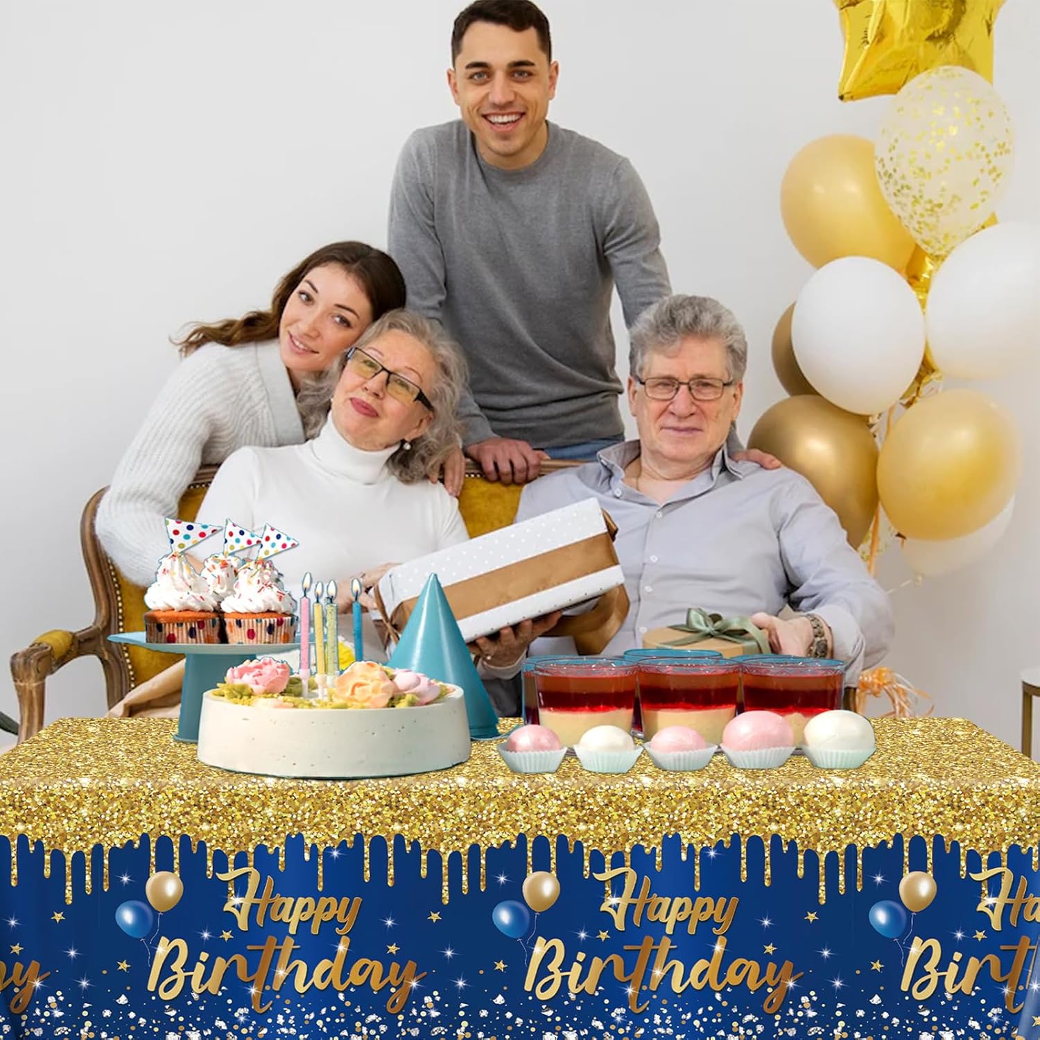 Mantel de feliz cumpleaños, 3 manteles azul marino y dorado para fiestas, decoración de cumpleaños con purpurina para mujeres y hombres, suministros