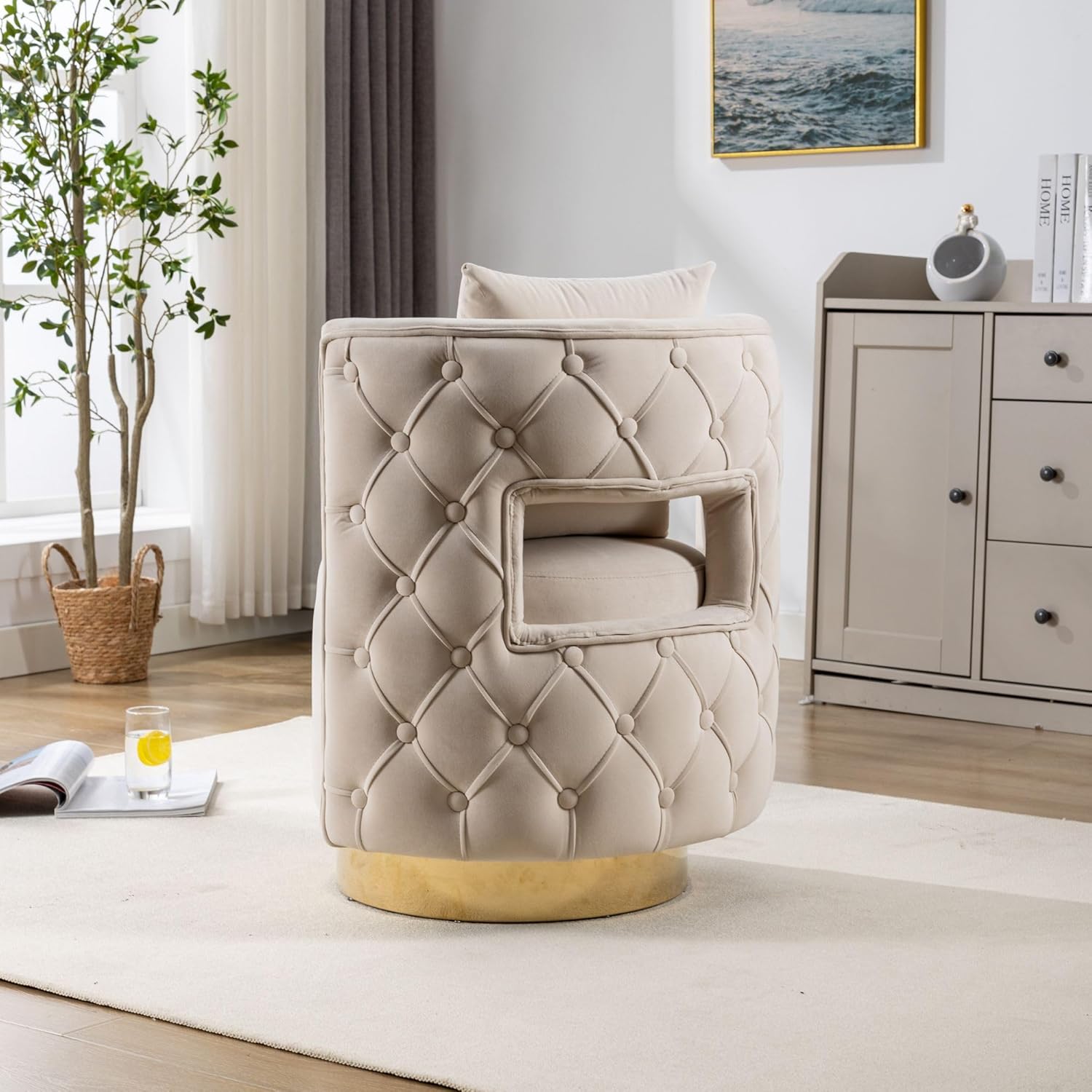 IANIYA Silla giratoria de barril de acento cómodas sillas de sala de estar y sillas decorativas para sala de estar (acolchado, beige)