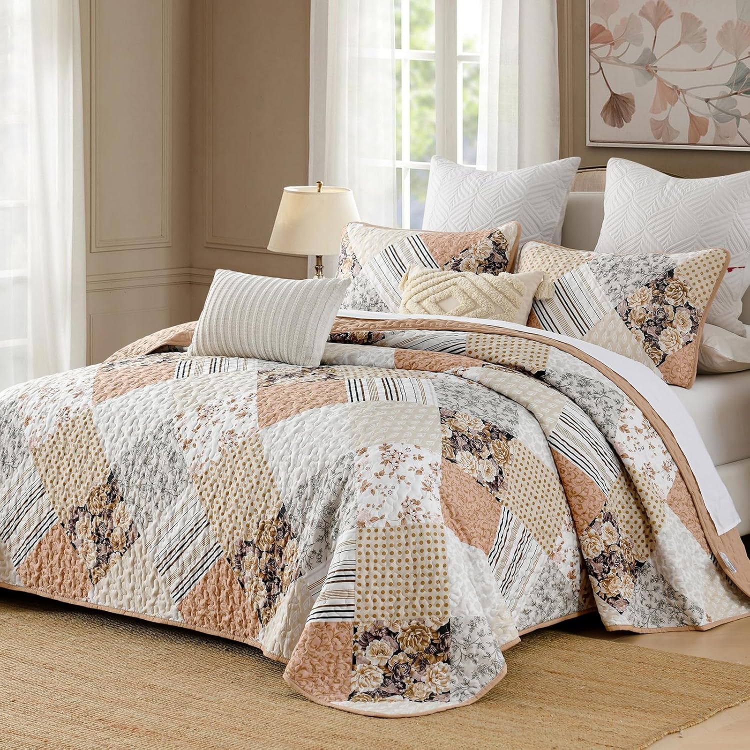 Juego de edredón de 3 piezas, tamaño Queen, color rosa, floral, a cuadros, reversible, juego de ropa de cama de microfibra suave y ligera para todas