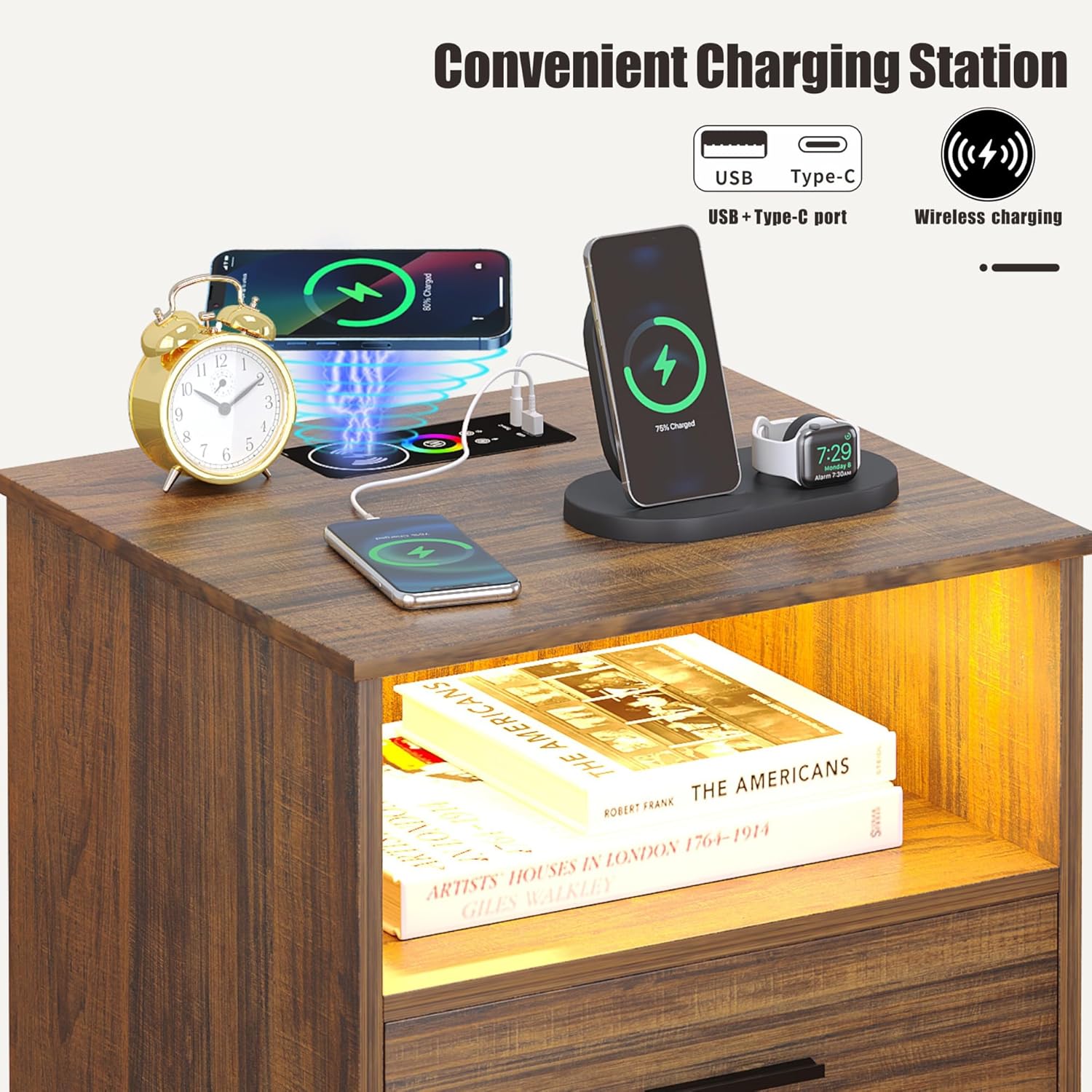 FREDEES Mesita de noche con estación de carga (inalámbricaUSBtipo C) y luces LED, mesa auxiliar inteligente, mesita de noche de madera con cajones,