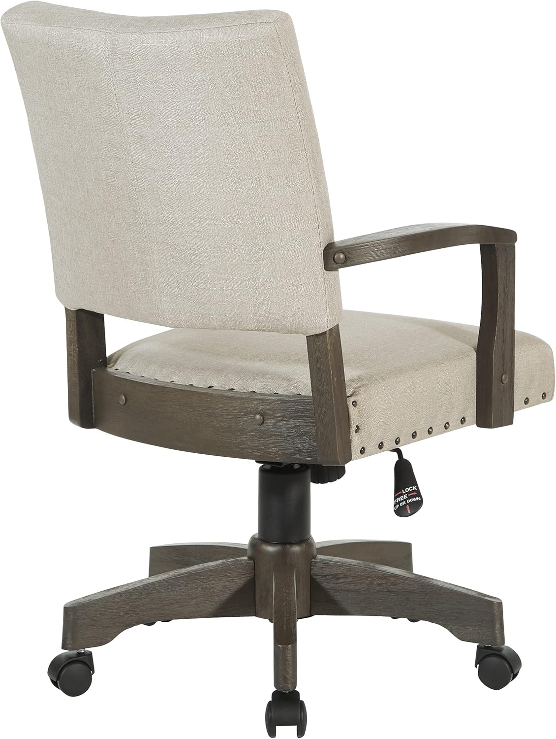 OSP Home Furnishings Santina – Silla de escritorio acolchada con costuras francesas a medida y ribete de cabeza de clavo, brazos de madera maciza y