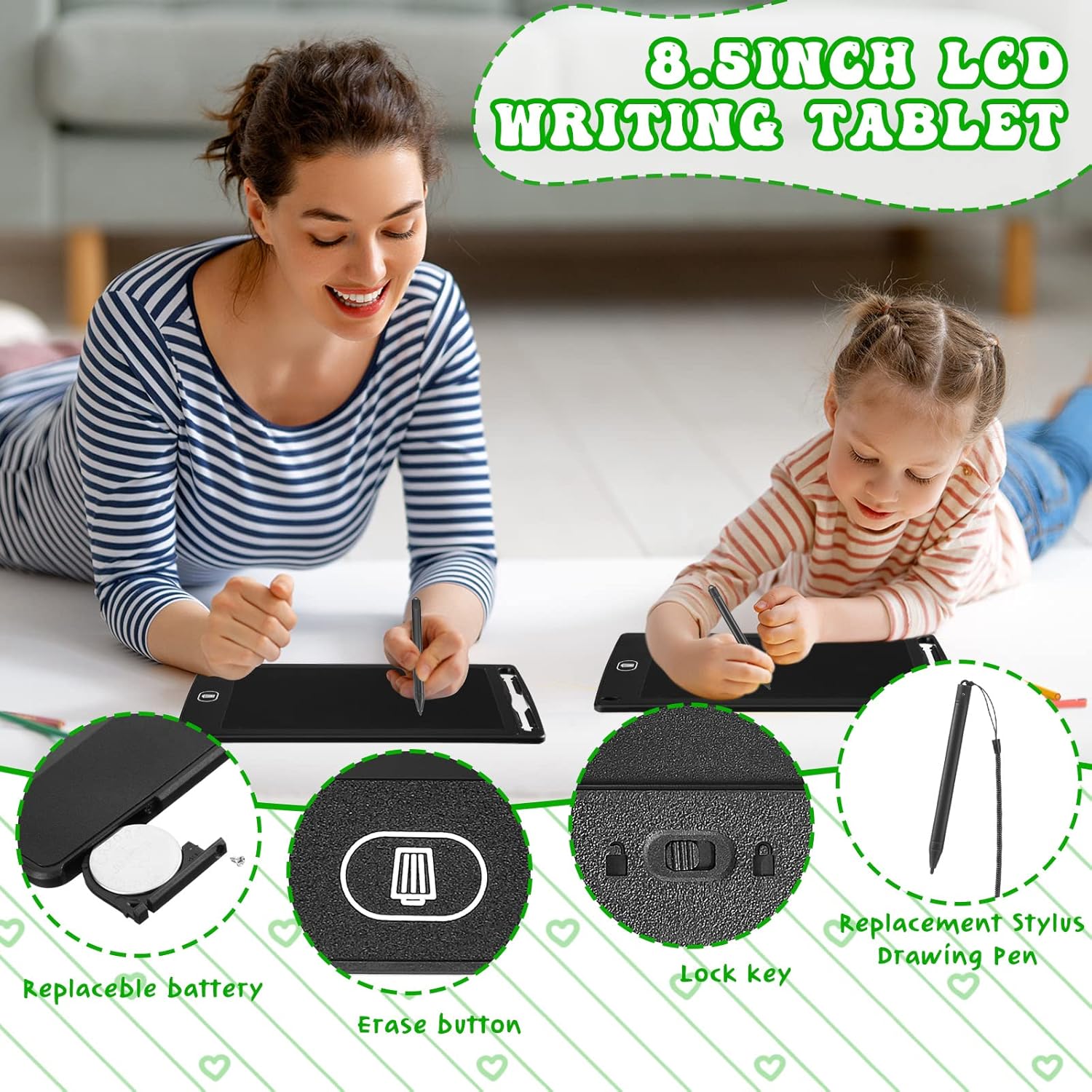Paquete de 20 tabletas de escritura LCD con lápiz capacitivo de repuesto y cordón, almohadilla de escritura de 8.5 pulgadas, borrable, reutilizable,