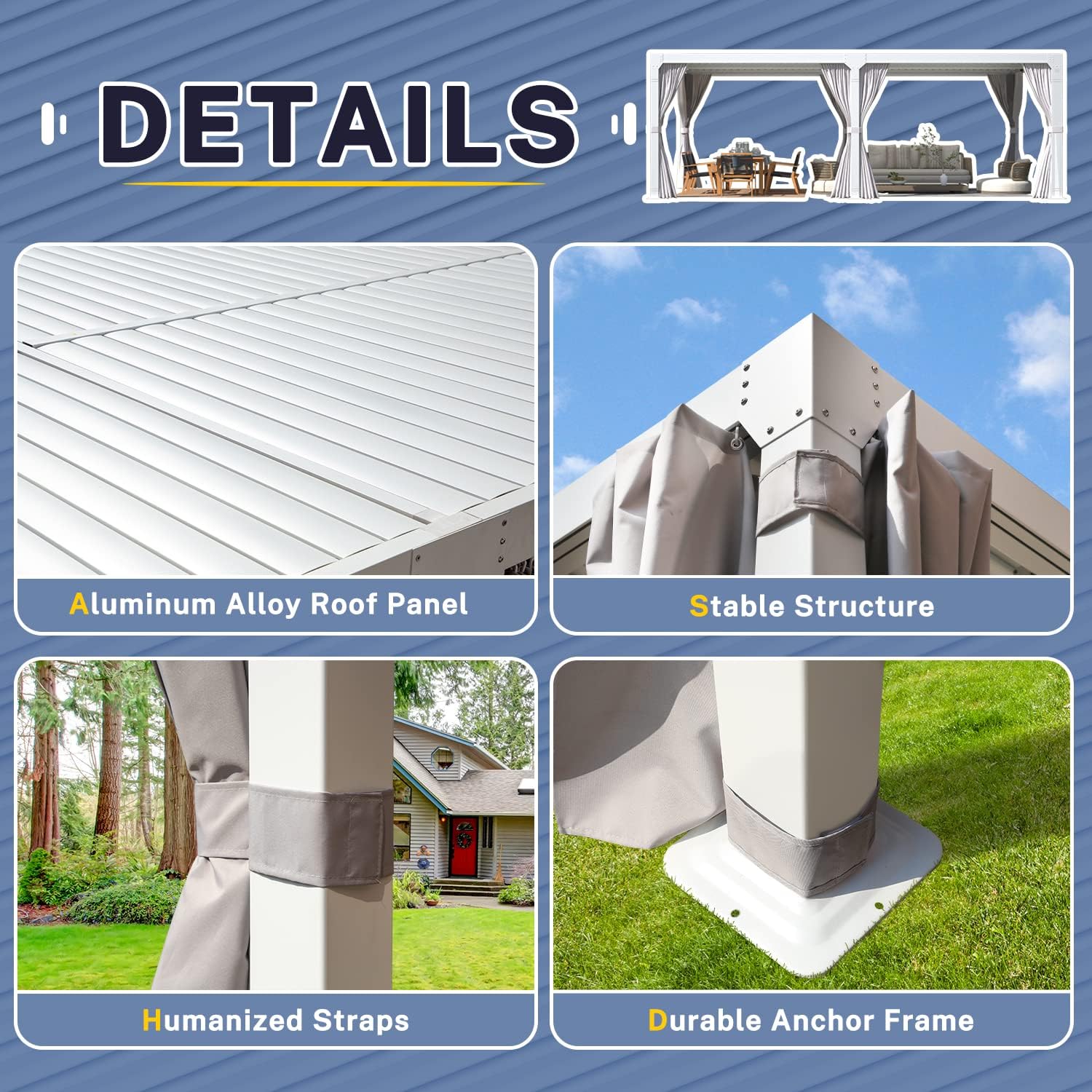 MELLCOM Pérgola con listones 10×20, pérgola de aluminio con techo de listones ajustables, pérgola para exteriores con cortinas y redes impermeables,