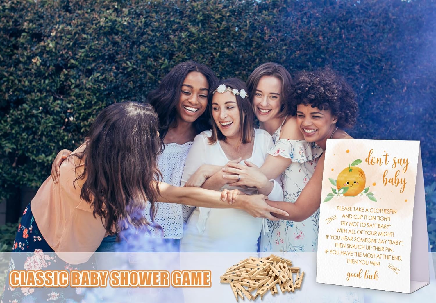 Juego de pinzas para ropa de bebé, juego Little Cutie Baby Shower, un letrero de 5 x 7 y 50 mini pinzas naturales para la ropa, género neutro,