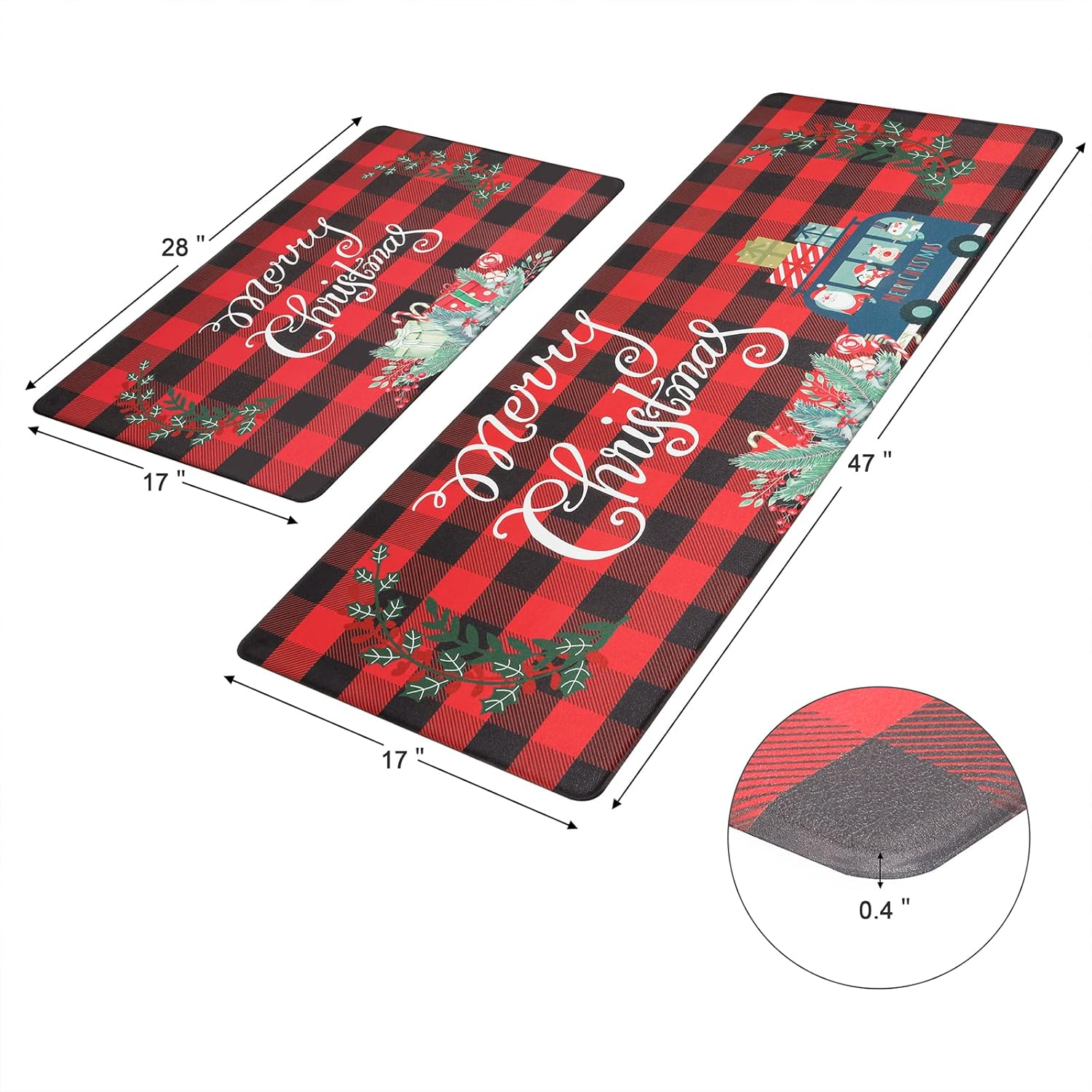 Pauwer Juego de 2 alfombras de cocina con texto en inglés “Merry Christmas”, tapetes de cocina con diseño de búfalo rojo, antideslizantes,