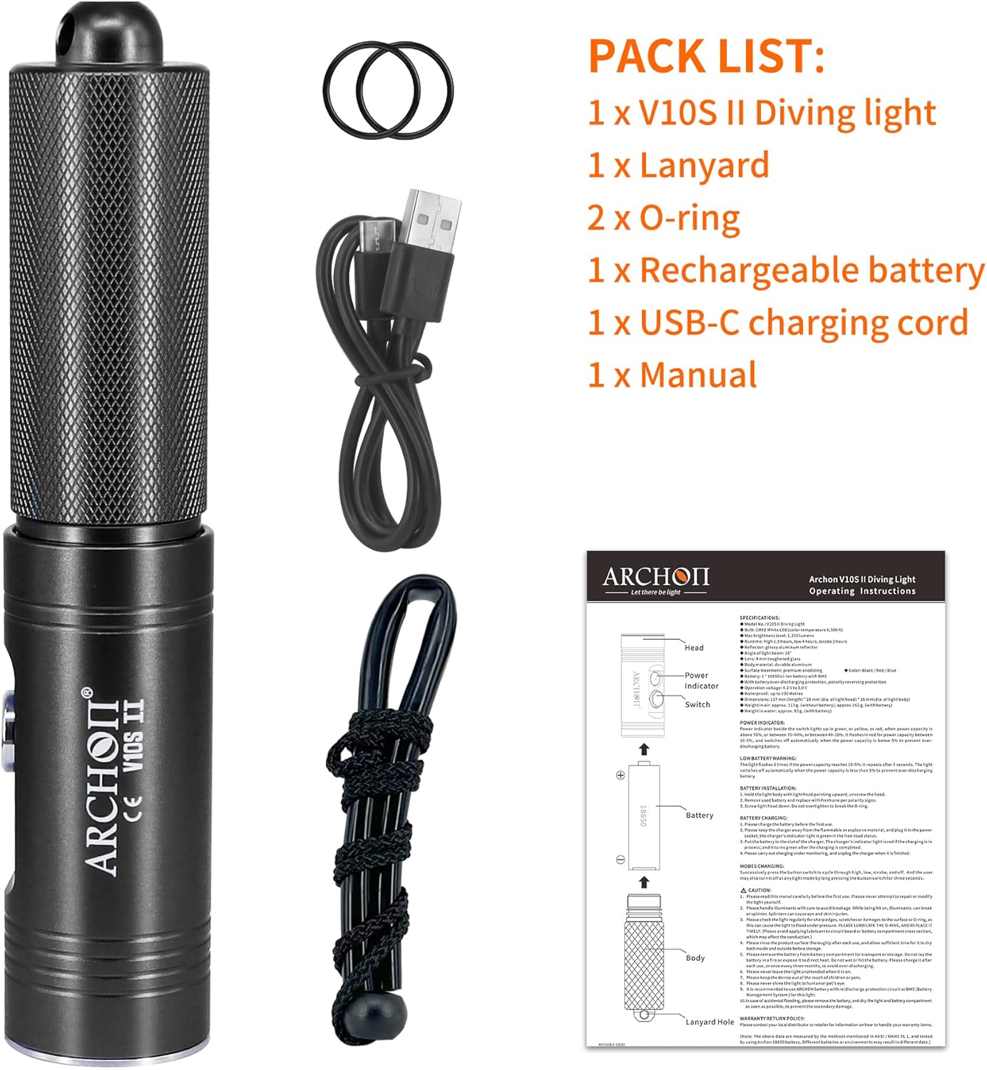ARCHON Linterna de buceo de 1200 lúmenes, luz de buceo impermeable con indicador de potencia, haz estrecho y cargador USB, antorcha negra para