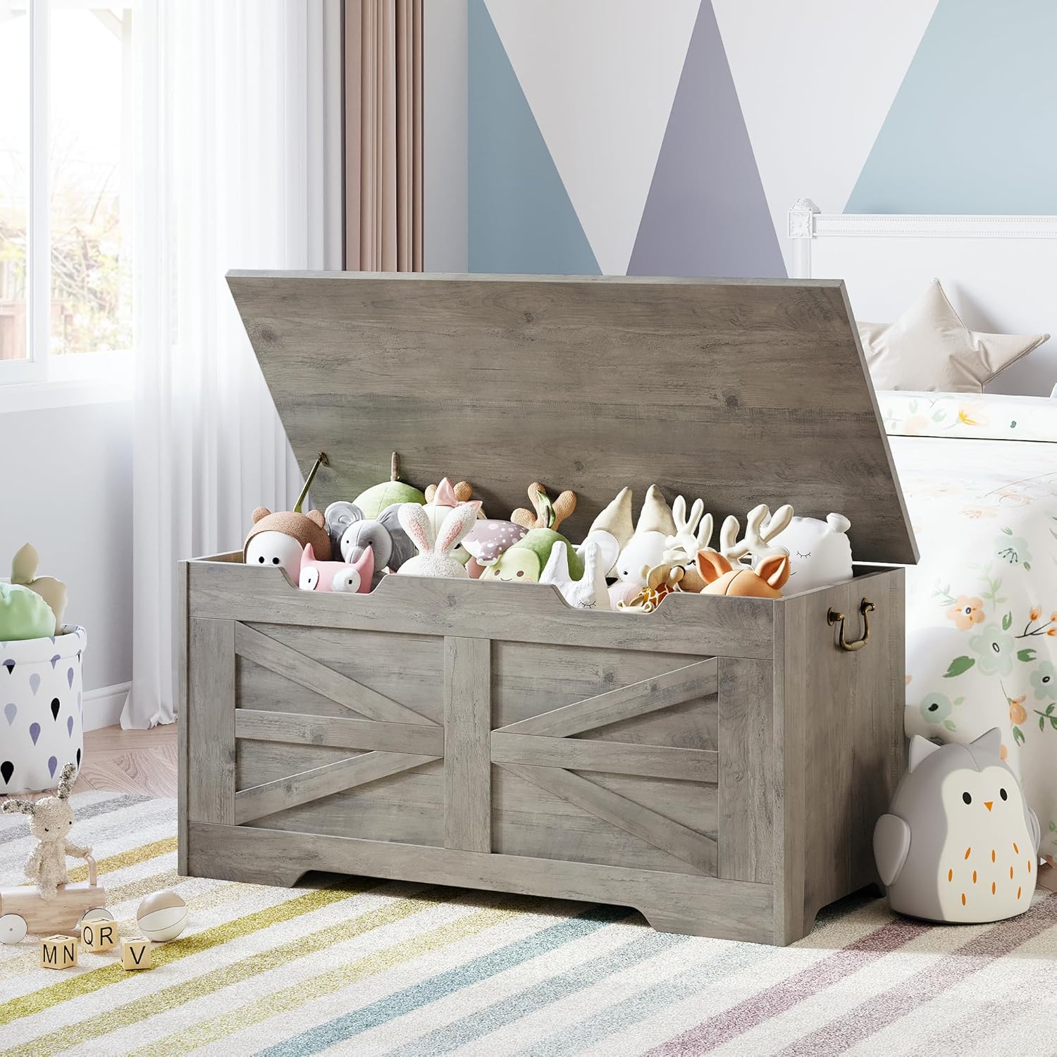 IDEALHOUSE Cofre de almacenamiento, baúl de juguetes de 39.4 pulgadas para niños y niñas, caja de juguetes grande de madera para niños, banco de