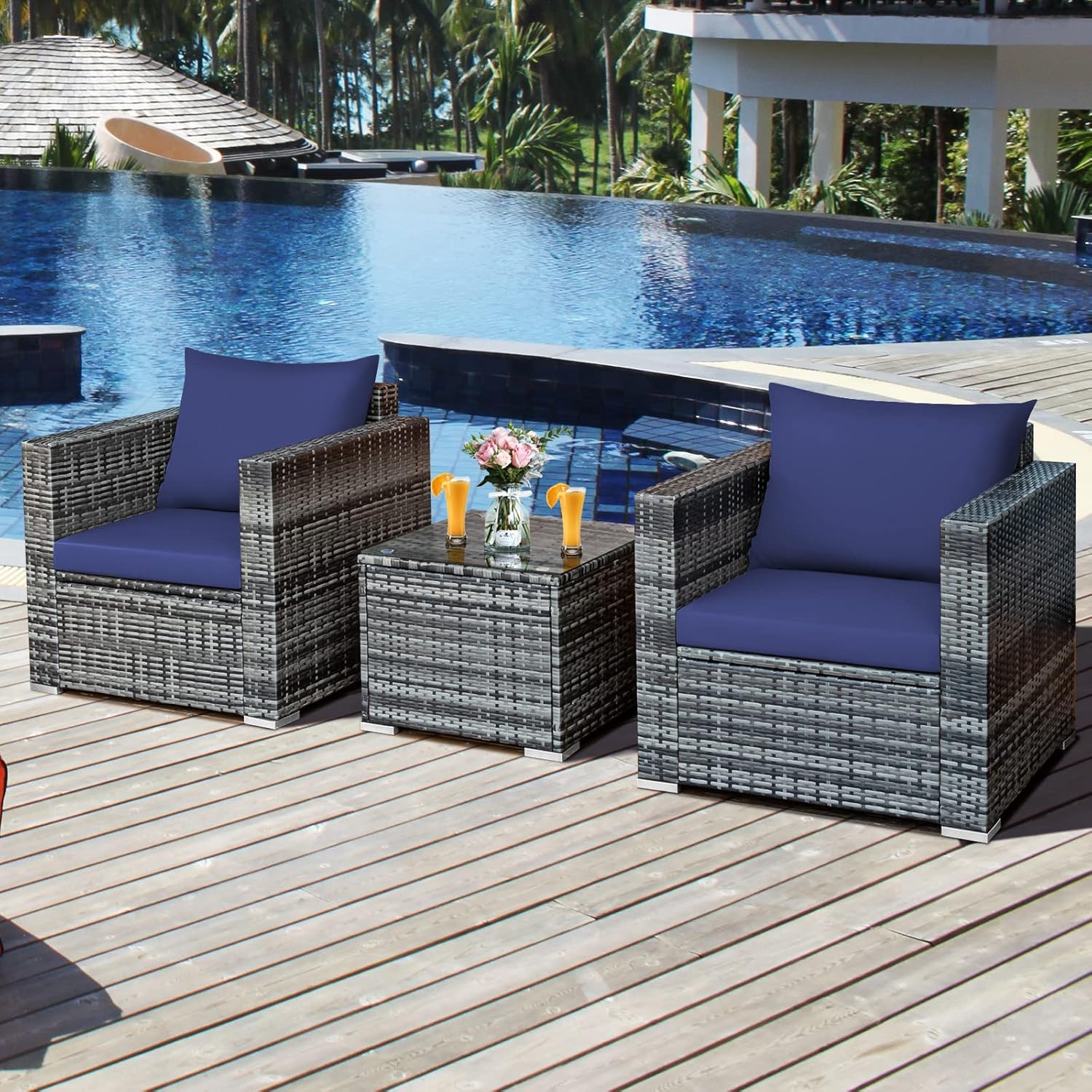 Juego de muebles de patio de 3 piezas para exteriores, juego de conversación de mimbre de ratán con cojín resistente al agua y mesa de vidrio