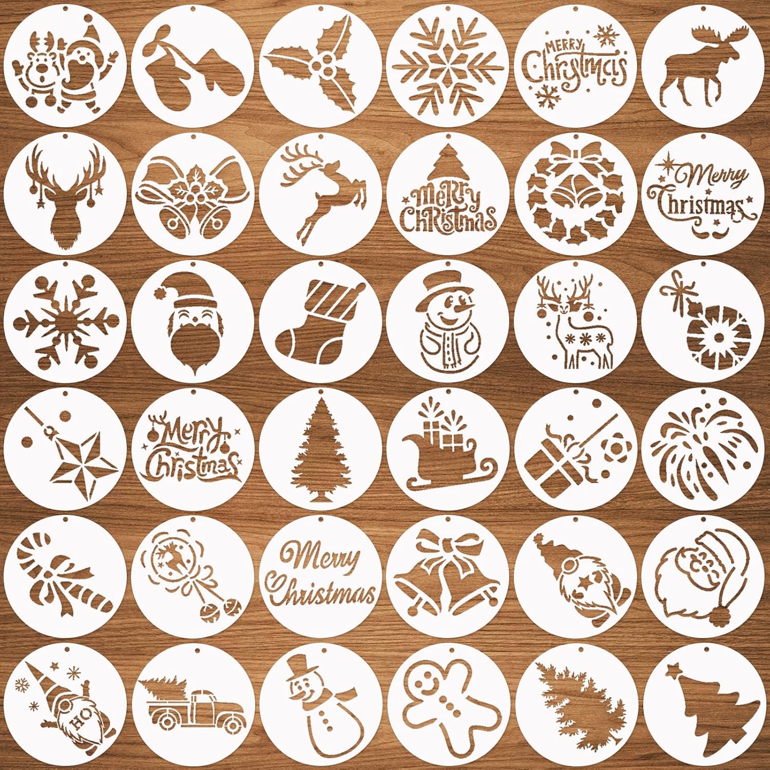 36 plantillas pequeñas redondas de Navidad para rebanadas de madera, plantillas de Navidad de invierno de 3 x 3 pulgadas, incluyendo Papá Noel,