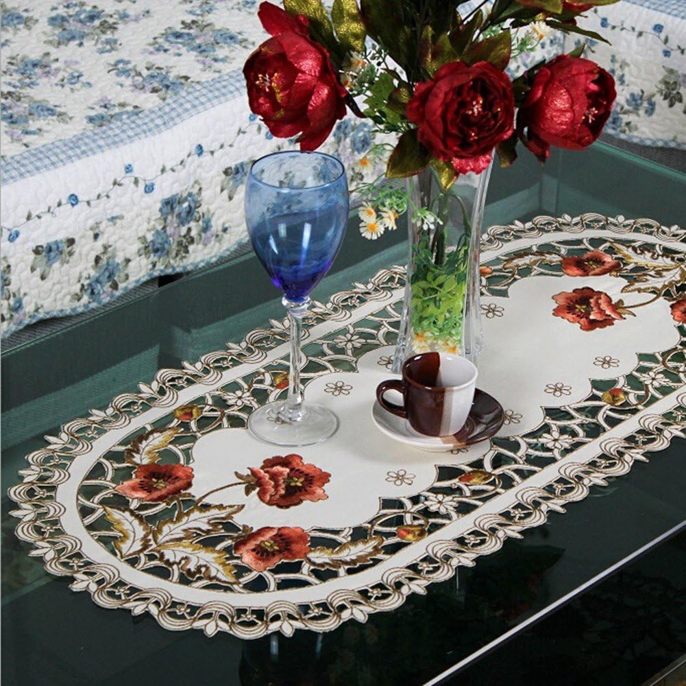 USTIDE Mantel de mesa con bordado ovalado de rosas de 15.7 x 33.6 pulgadas, hecho a mano, color beige, manteles duraderos y lavables para mesa