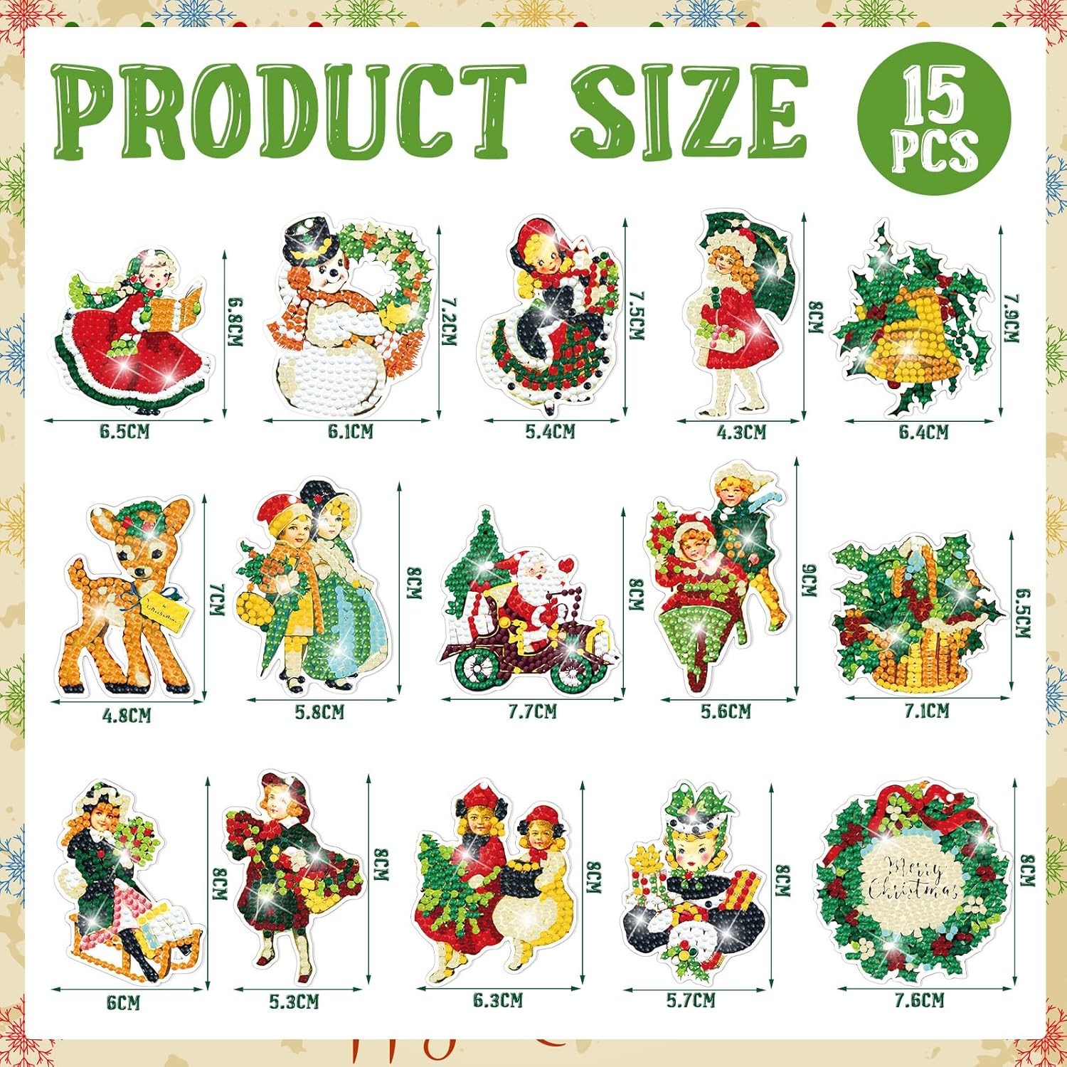 BBTO 15 llaveros de pintura de diamante vintage de Navidad, adornos de pintura de diamantes 5D, llaveros de arte de diamantes de Navidad para niños,