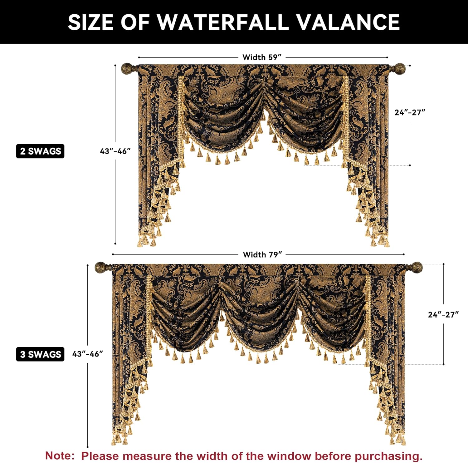 Loom and Mill Cenefa de cascada de lujo para sala de estar, cenefas clásicas de damasco jacquard con borlas, cortinas negras para dormitorio,